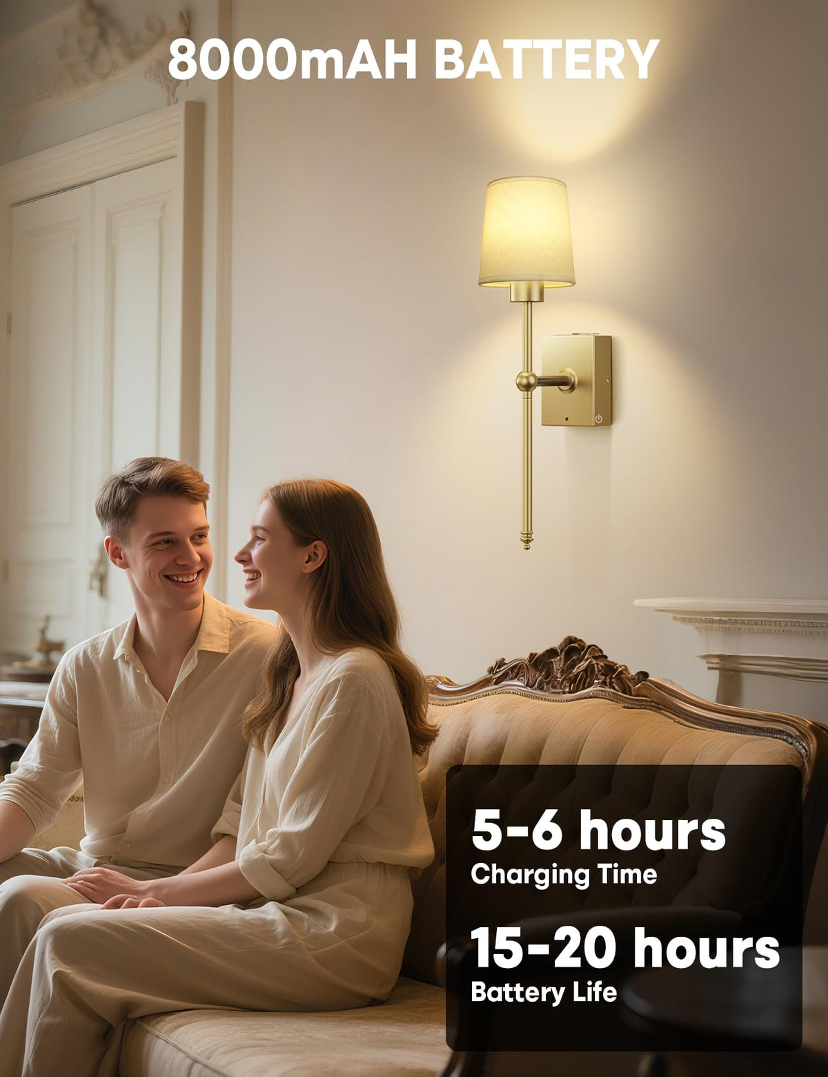 Battery Operated Wall Sconce Set of 2 - Gold Rechargeable 8000mAh Dimmable LED Wall Lights with Remote & Timer, Wireless Wall Lamps for Bedroom, Hallway, Living Room Decor