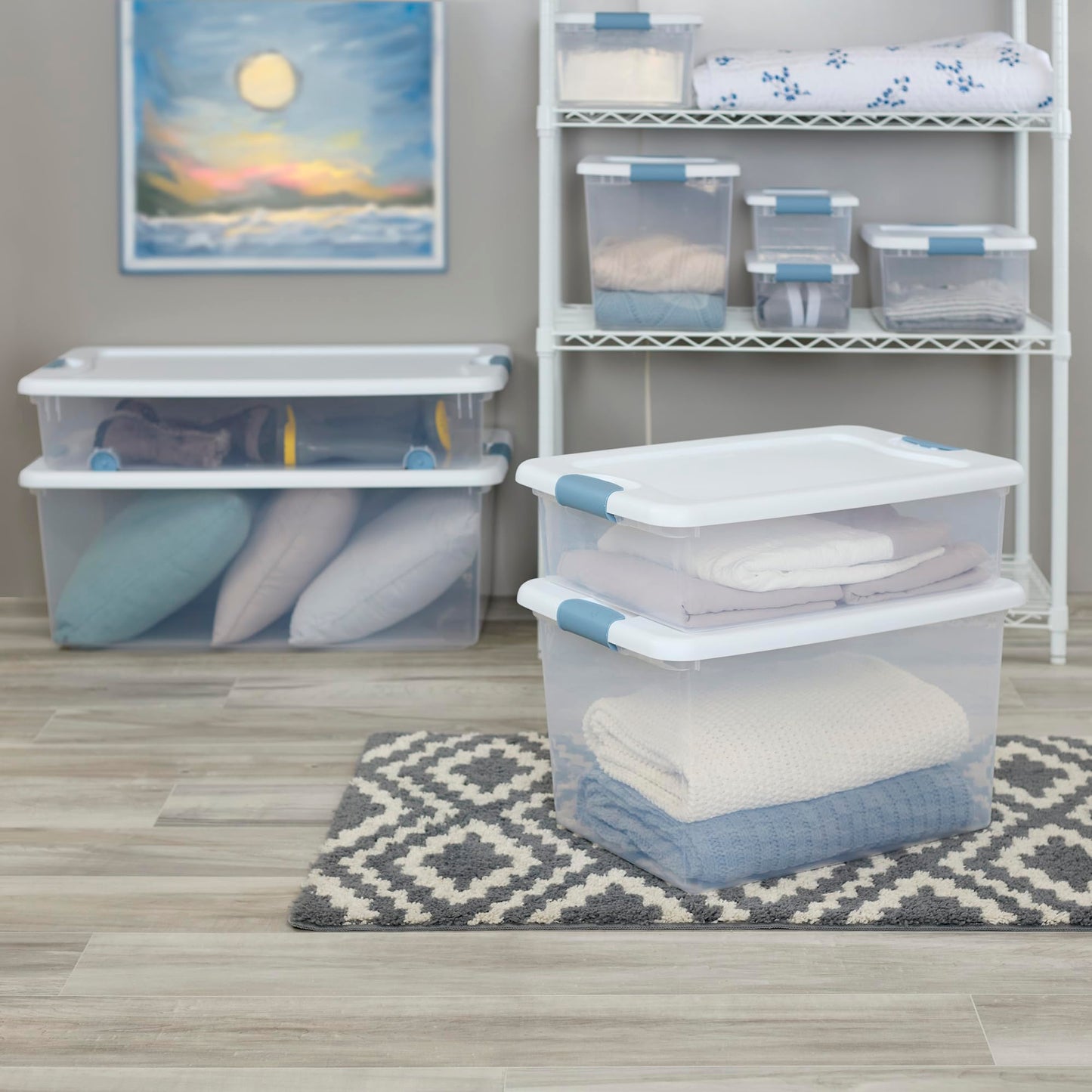 Sterilite 56 Qt Wheeled Latching Storage Box, Stackable Bin with Latch Lid, Plastic Container to Organize Shoes Underbed, Clear with White Lid, 4-Pack
