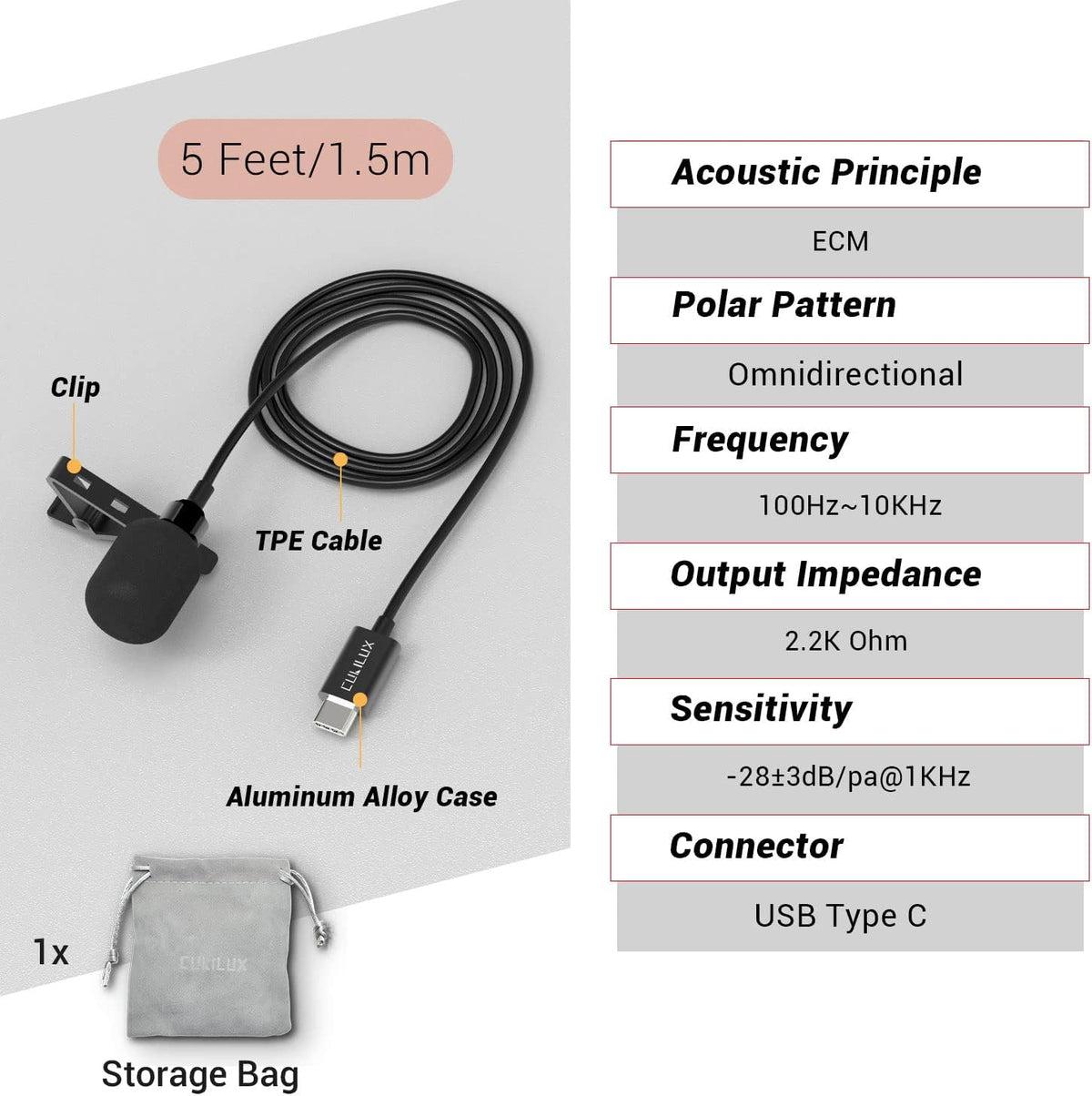 Cubilux USB C Microphone, Type C Lavalier MIC, External Lapel Clip MIC for iPhone 16/15 Pro Max, iPad Pro 13/12.9/11, iPad Air 13/5th/4th, Samsung S25/S24/S23/S22 Z Fold/Flip 6/5/4 Tab S10/S9/S8, 5 FT
