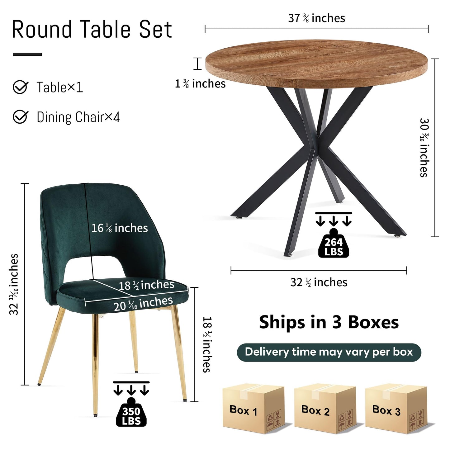 NORDICANA 5-Piece Dining Table Set for 4 - Space Saving 37-Inch Round Table and Chairs, 4 Seaters Dining Set with Upholstered Dining Chairs (Forest Green)