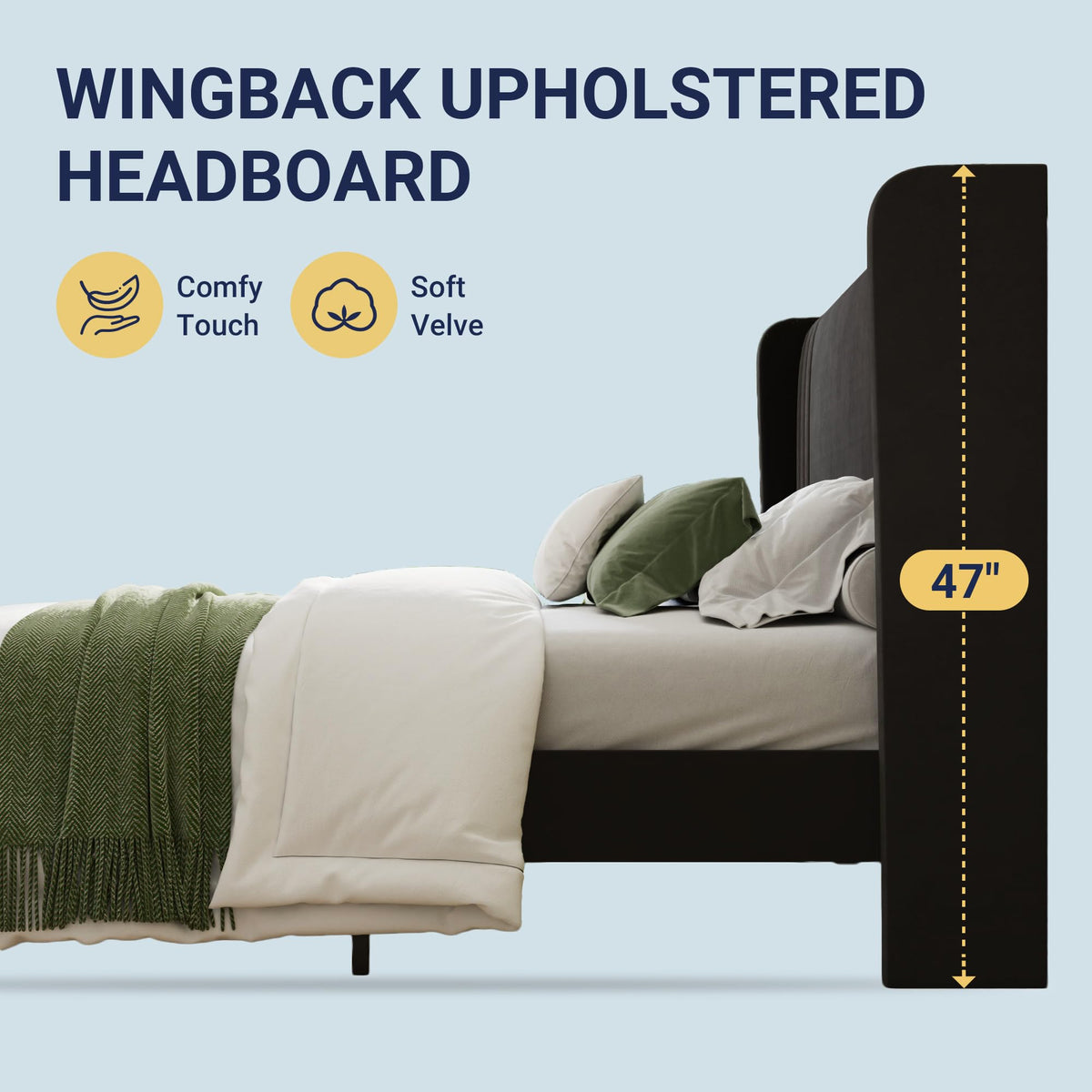 Allewie King Size Velvet Platform Bed Frame with Vertical Tufted Wingback Headboard, Easy Assembly, Under Bed Storage, No Box Spring Required, Modern Style, Black