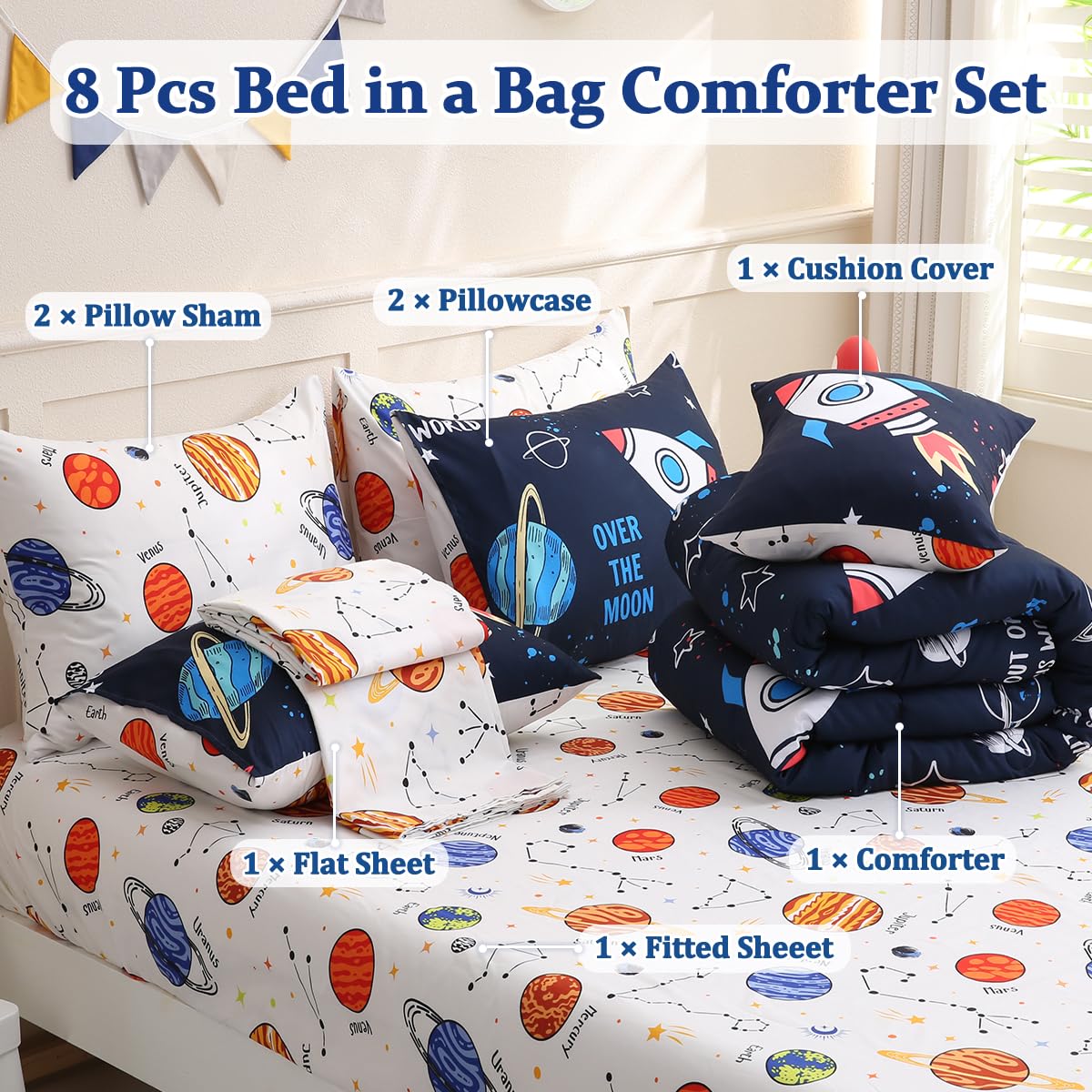 Tasselily 8 Piece Space Comforter Set Twin Size, Rocket Bed in a Bag Space Theme Bedding Sets for Boys Girls Kids