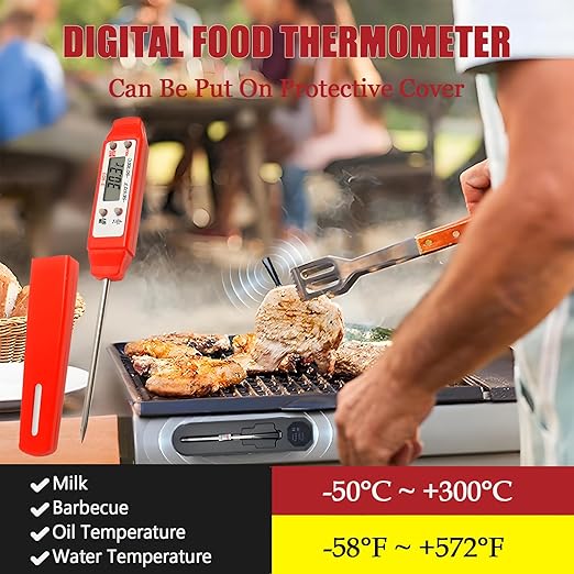 Meat Thermometer - Digital Food Thermometer for Cooking Kitchen - Automatic Calibration Pen Style Electronic Pocket Thermometer for Water Temperature, Barbecue (Red)