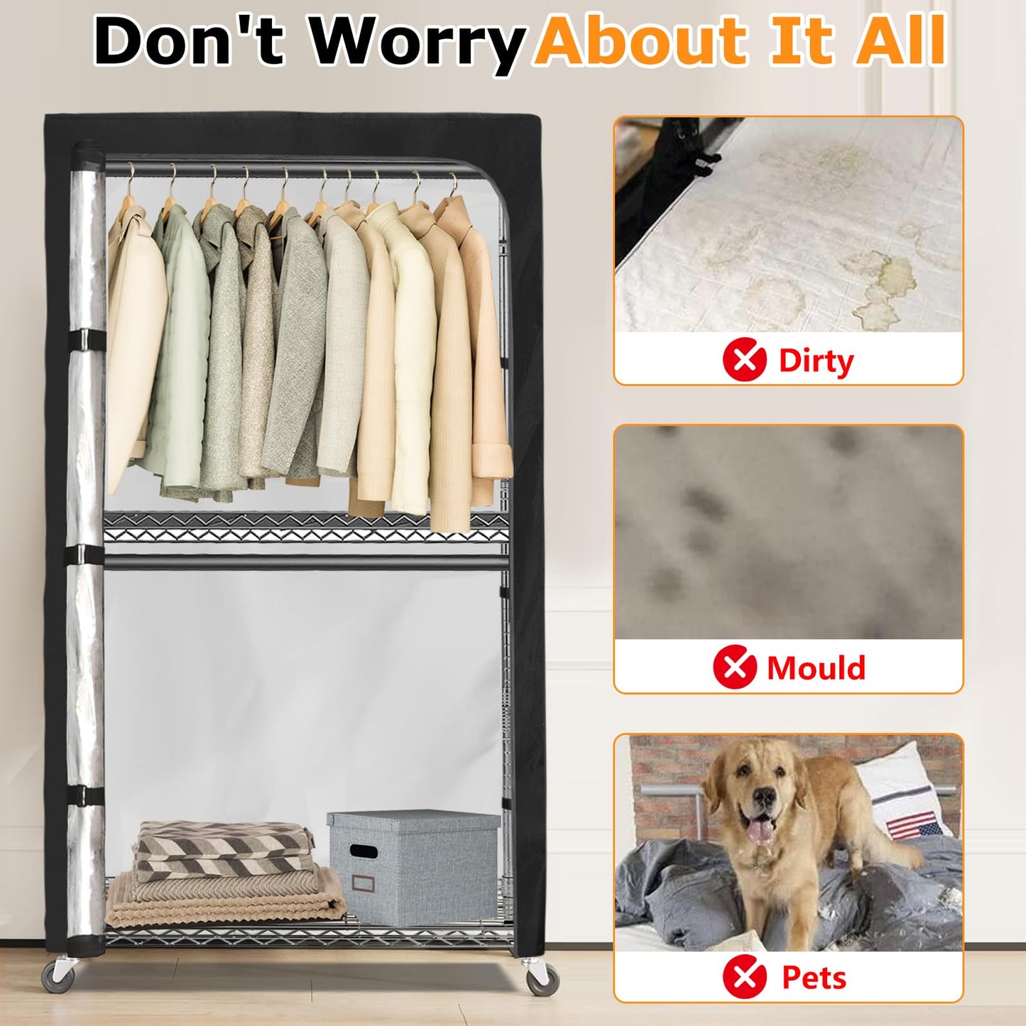 Alickwang Garment Rack Cover,Heavy Duty 600D Dustproof Waterproof Clothing Rack Cover with Zipper - Clothing Rack Covers for 45"W x 17.7"D x 80.3"H Metal Racks （Cover Only)