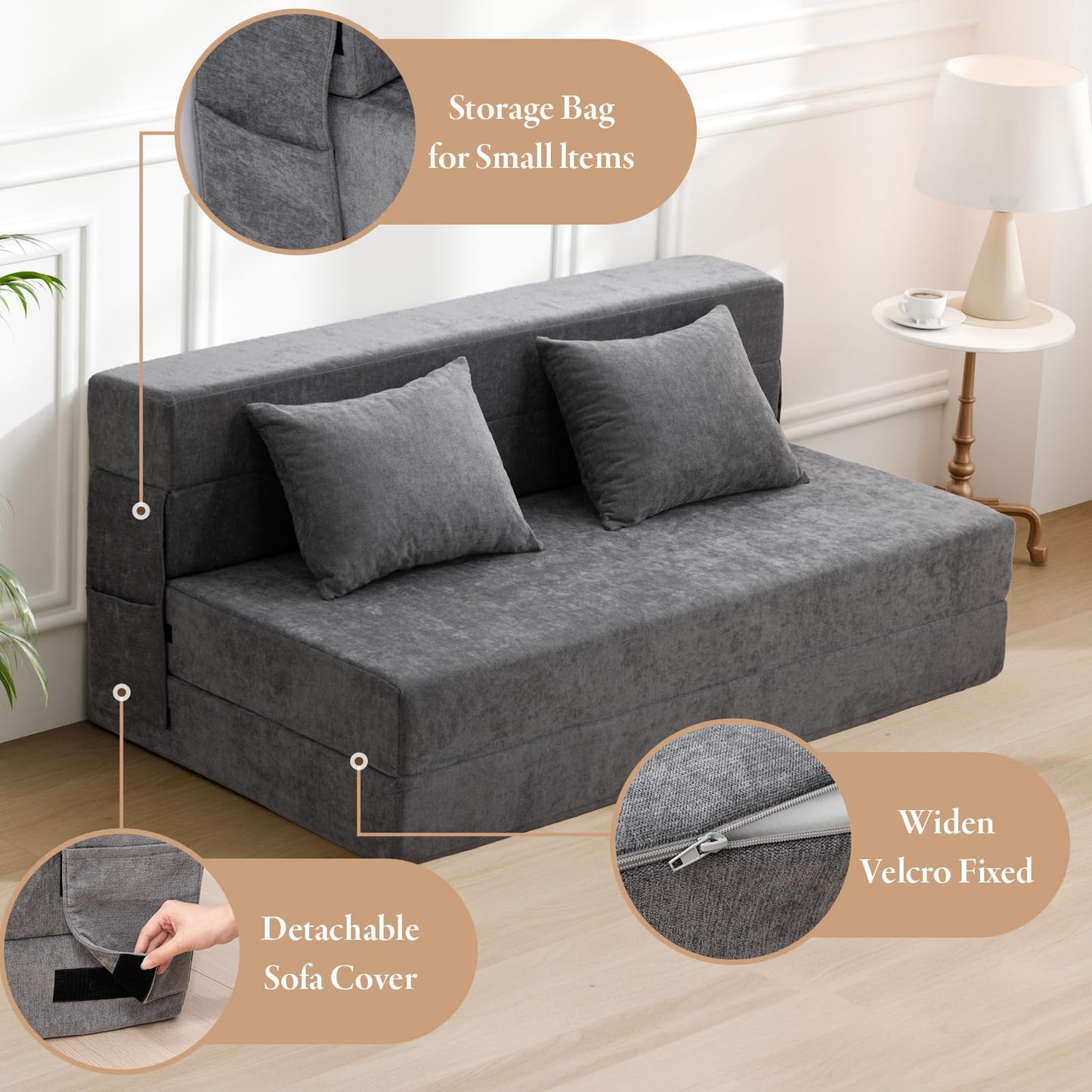 HOMFINE Folding Sofa Bed - Convertible Sleeper Chair with Pillow, Fold Out Couch, Foam Floor Mattress, Futon Couch, Lazy Sofa for Living Room/Dorm/Guest Room/Home Office, Queen, Grey
