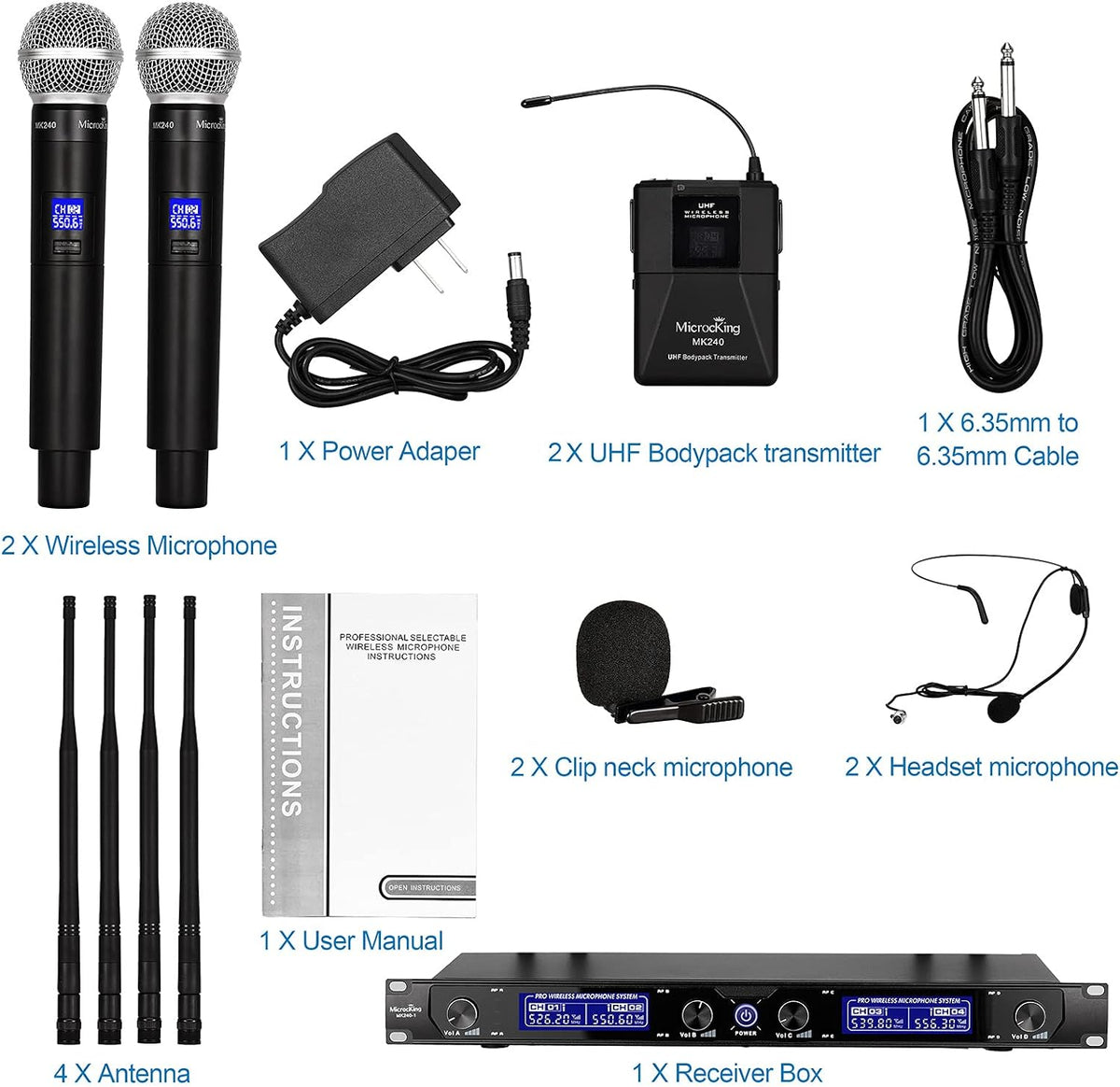 MicrocKing UHF Wireless Microphone System, 2 Handheld/2 Lavalier, Metal