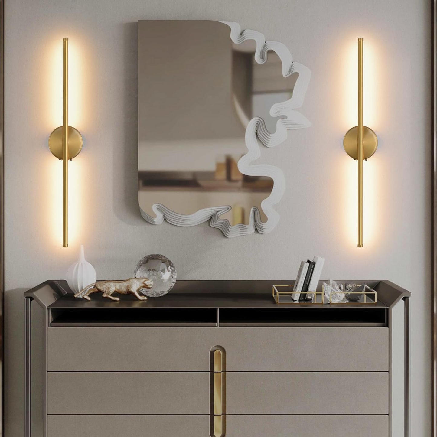Povectolay Wall Sconces Battery Operated Set of Two, Gold LED Wireless Wall Sconce with Remote Control 350° Rotate, 27.6 Inch Dimmable USB Rechargeable Wall Lights for Living Room Bedroom Hallway