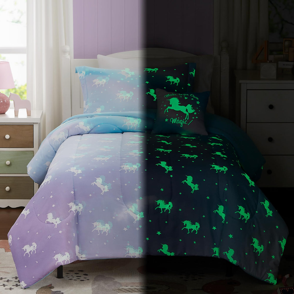 Kaleido Space Twin Bedding Sets for Girls - 3 Pieces Glow in The Dark Unicorn Twin XL Comforter Sets for Girls 1 Comforter, 1 Decor Pillow, 1 Pillow Shams