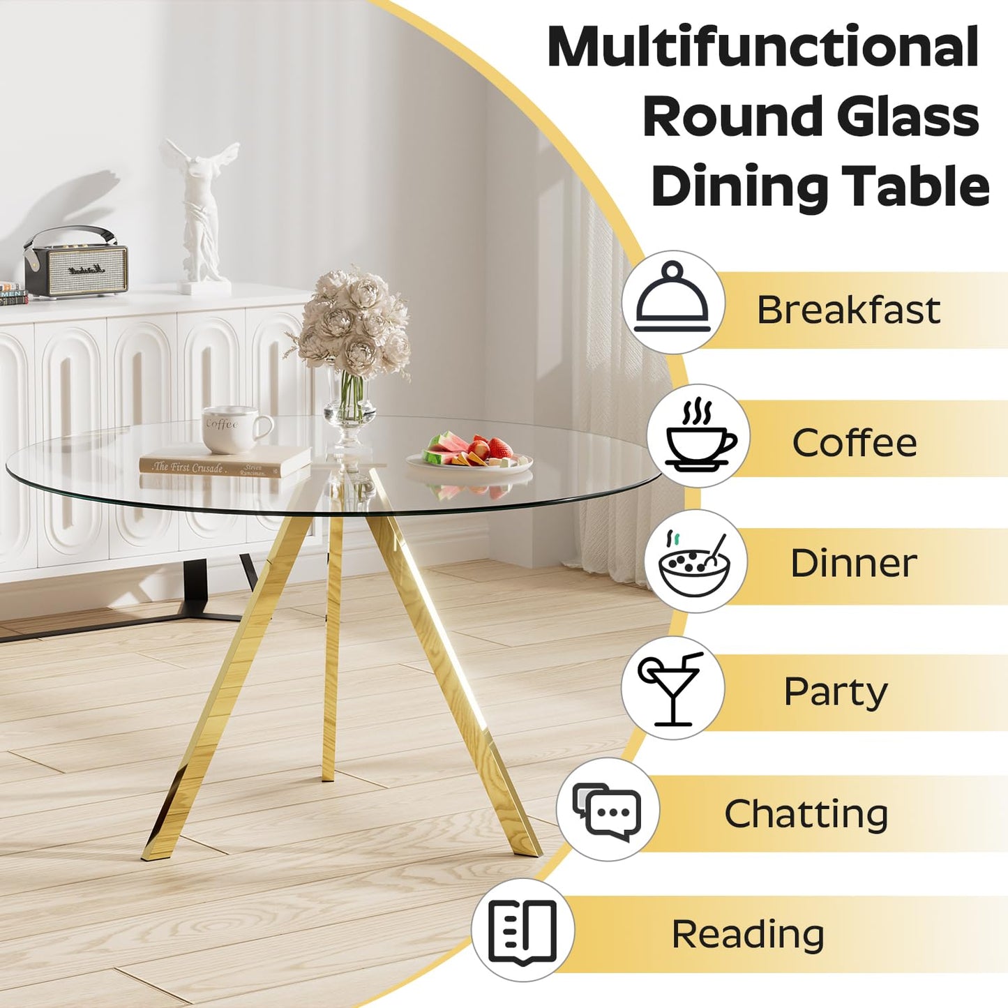 SIZOTA Round Dining Table for 4, 39" Modern Glass Dining Table, Leisure Coffee Table, Kitchen Circle Dinner Table, Saving Space(Gold)