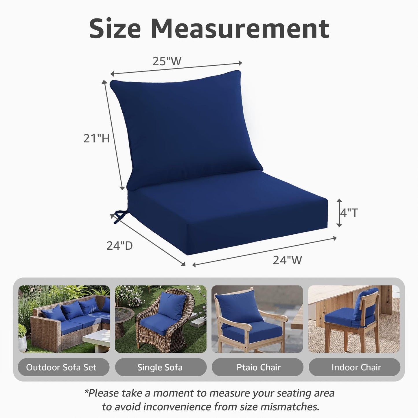 PatioGlow Outdoor Seat Cushion Set 24 x 24 x 4 Inch, Waterproof & Fade Resistant Patio Furniture Cushions with Removable Cover and Ties, Thick Deep Seating Pads for Outside Chair Sofa Couch, Blue