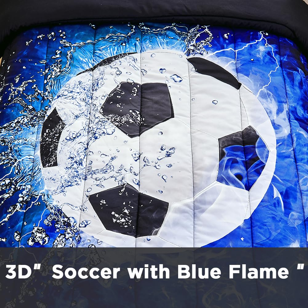 Andency Soccer Comforter Twin(66x90 Inch), 2 Pieces(1 Soccer Comforter, 1 Pillowcase) Blue Flame Soccer Comforter Set Sport Microfiber Bedding Set for Boy Girl Kids, Teen