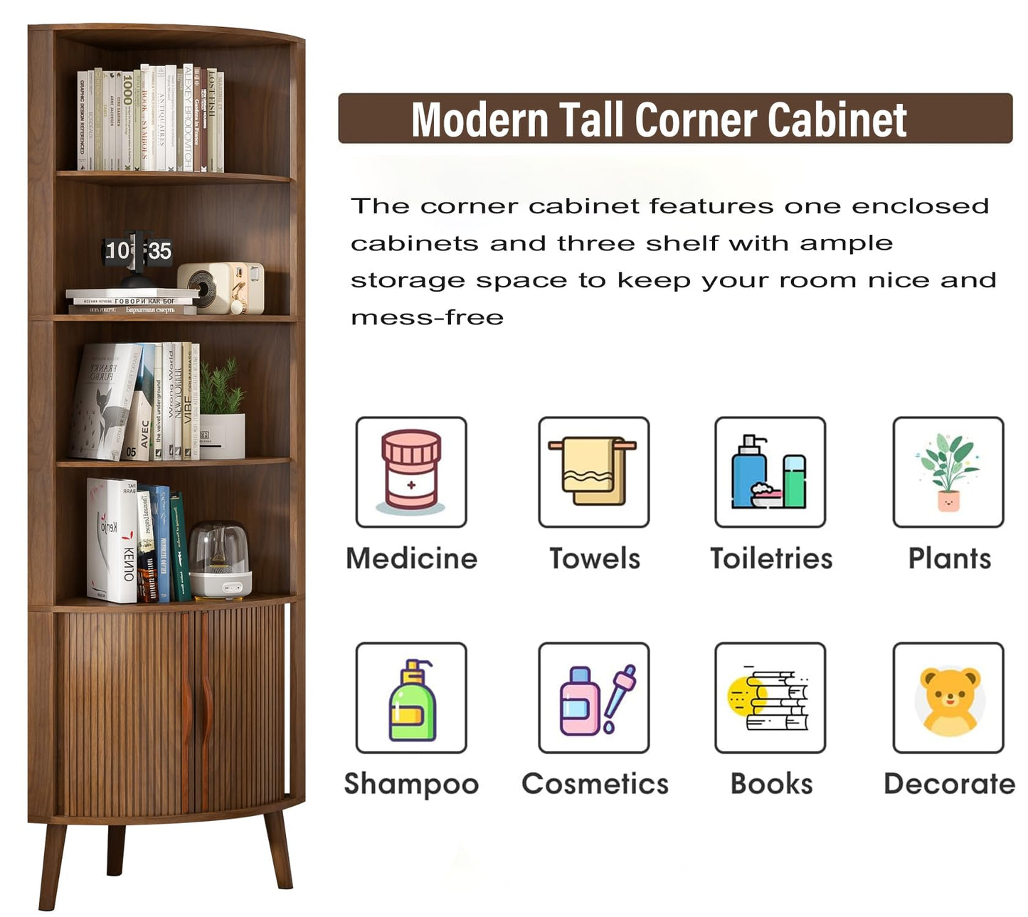 Limaoaio Corner Cabinet, 66.73'' Tall Modern Corner Bathroom Storage Cabinet with 2 Fluted Doors and Shelves, Home Space Saver for Kitchen, Living Room, Study Room(Walnut, 66.73''H)
