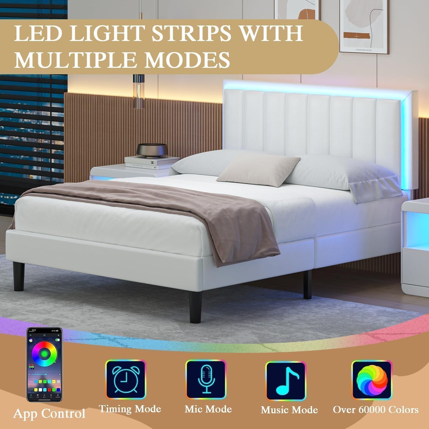 IMMERSTABLE Queen Bed Frame, Bed Frame Queen Size with LED Lights, Upholstered Queen Bed Frames with Headboard, Heavy Duty Wood Slats Support, Noise-Free, No Box Spring Needed, Easy Assembly, White