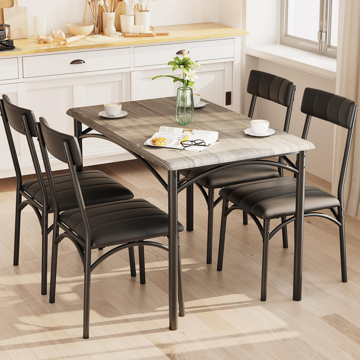 GarveeHome Dining Table Set for 4, Kitchen Table with 4 Upholstered Chairs, Wood Rectangular Dining Table and Chairs Set, for Small Space, Apartment, Dinner, Rustic Gray