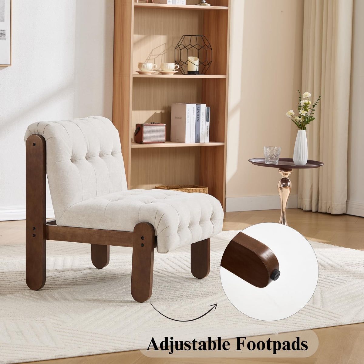 HEAH-YO Living Room Accent Chair Set of 1,Modern Armless Chair for Bedroom with Button Tufted Back and Wood Legs,Upholstered Comfy Reading Chair for Makeup Vanity Office Cafe,Chenille Beige