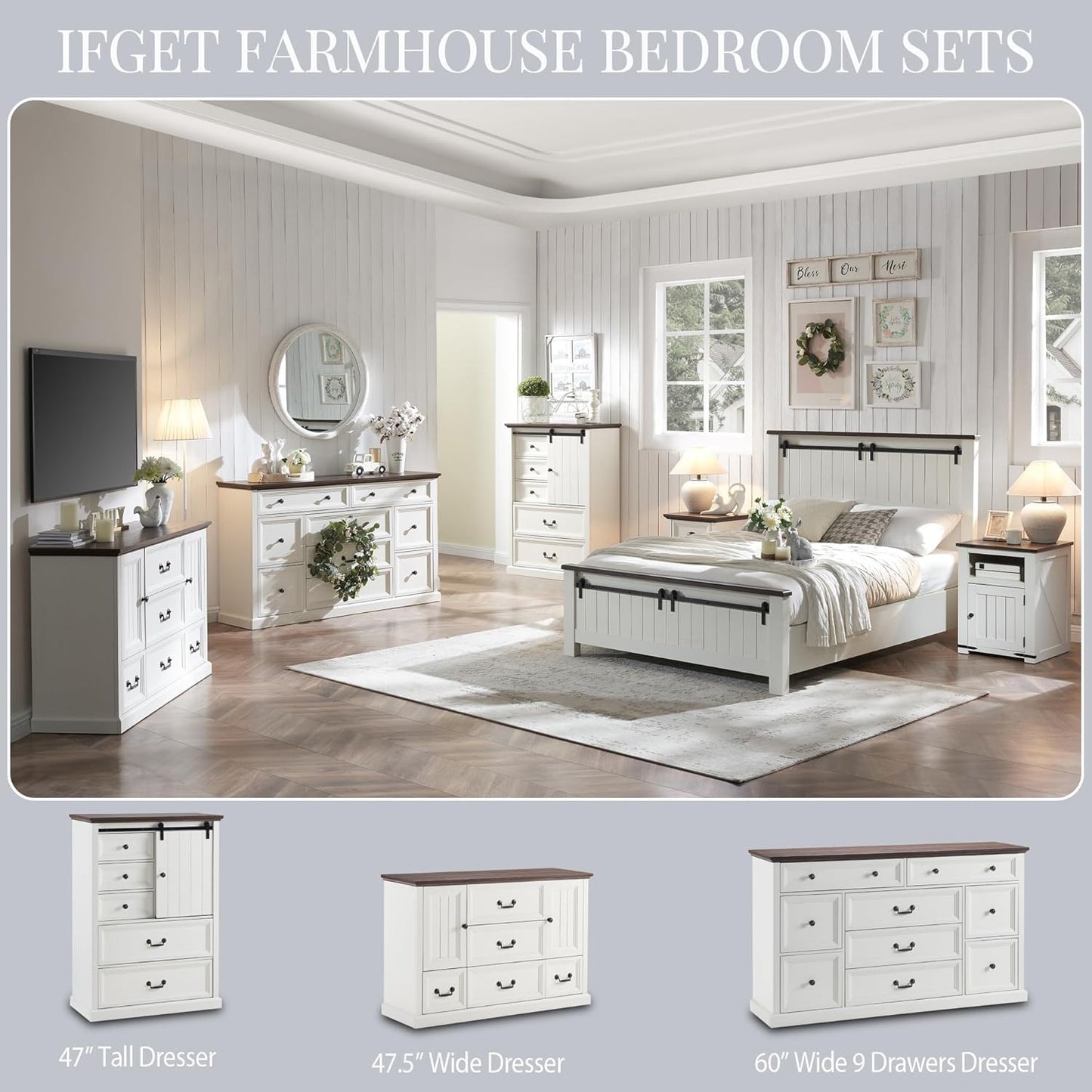 IFGET Farmhouse 9 Drawers Dresser for Bedroom, 60" Wide Wood Rustic Chest of Drawers, Large Storage Dressers Organizer for Bedroom, Living Room, Hallway, Dining Room-White
