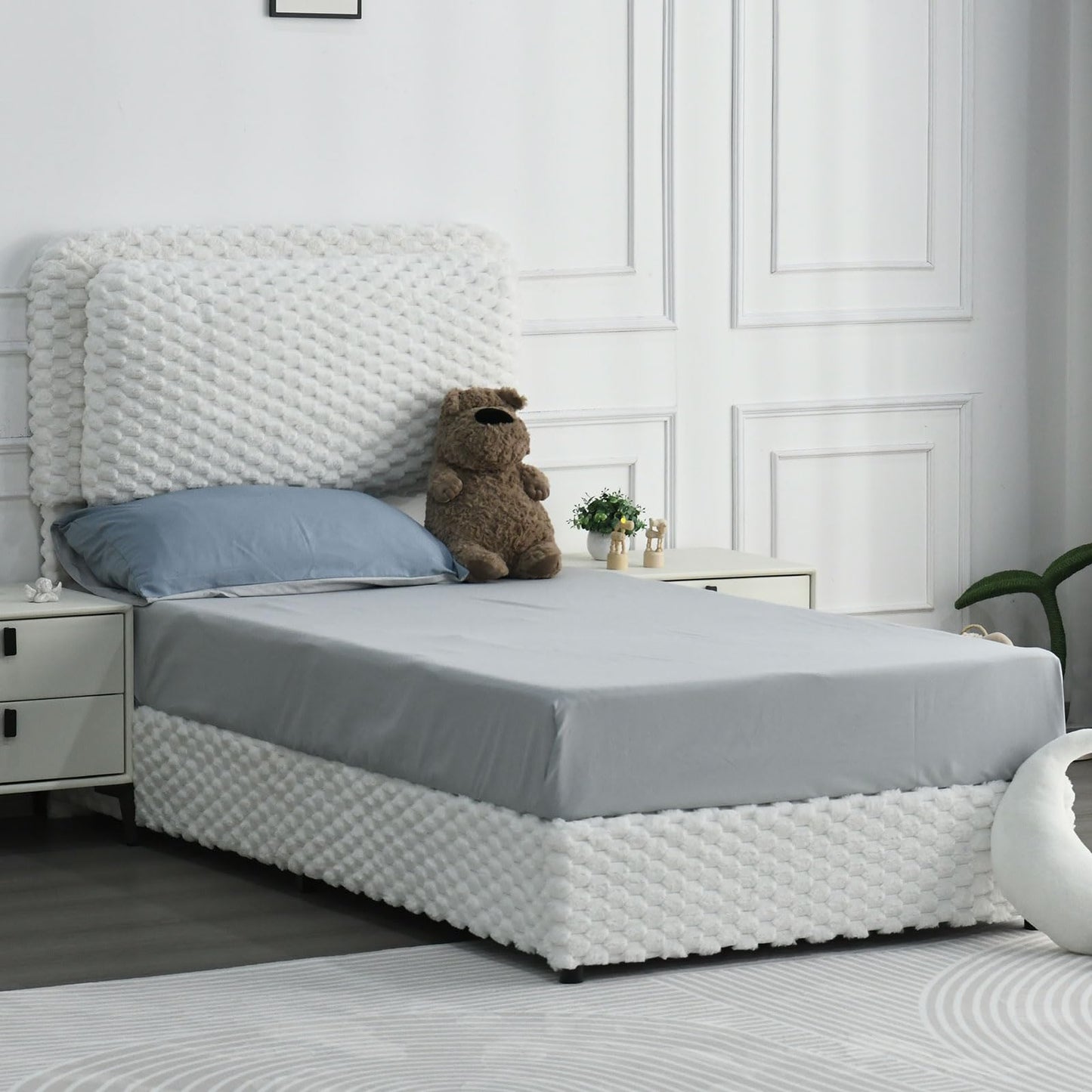 REVOMINCA Twin Bed Frame with Headboard, Twin Size Corduroy Upholstered Platform Bed Frame with Soft Headboard, Wooden Slats Support, No Box Spring Needed, Easy Assembly, White