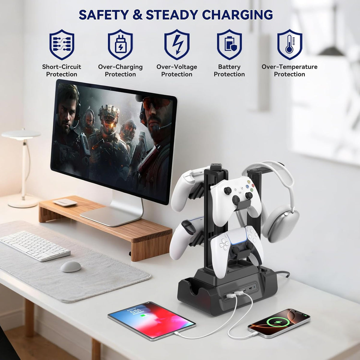 KDD Charging Station for Multiple Devices - 4 Ports Charging Dock with Controller and Headset Stand - 3 USB A & 1 USB C for Cellphone Tablet and Other Electronic - Multi Storage for Gaming Accessories