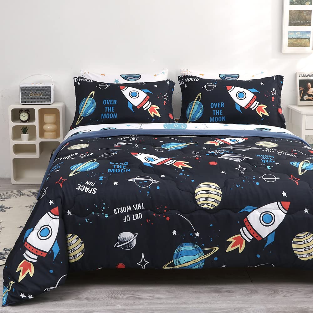 Wajade Kids Space Comforter Set Bed in A Bag Twin Size 7 Piece 3D Space Rocket Planets Bedding Set for Teens Boys Girls (1 Comforter, 1 Flat Sheet, 1 Fitted Sheet, 2 Pillowcase and 2 Pillow Sham)
