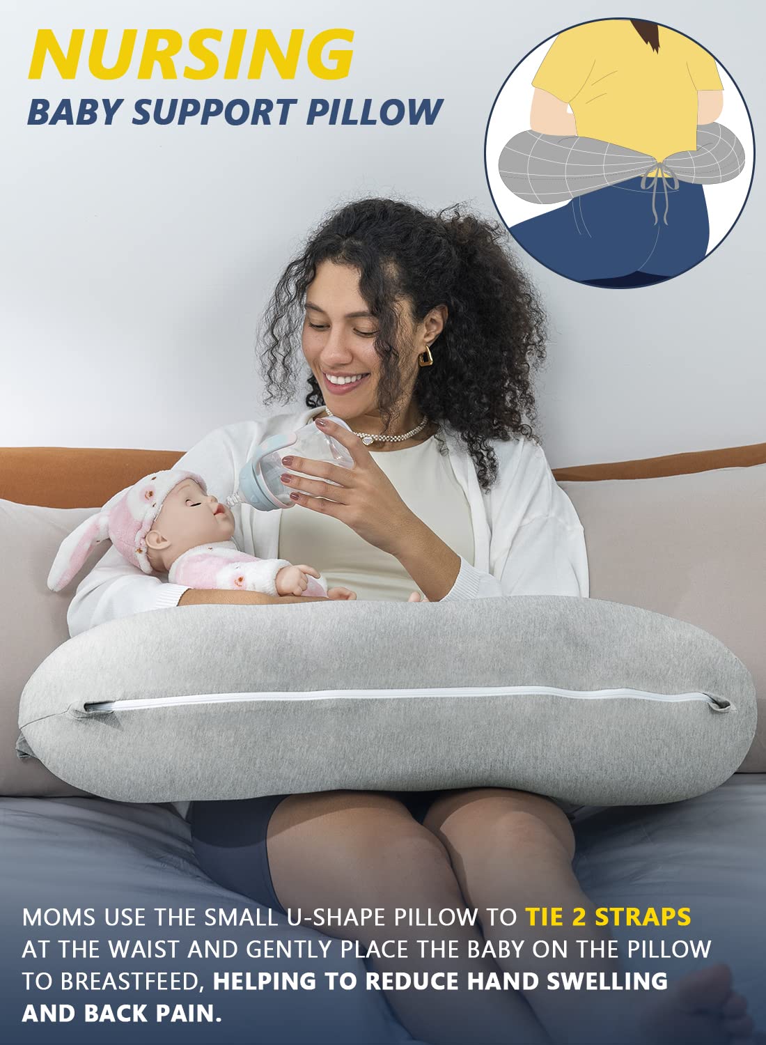 INSEN Reading Pillow, Back Pillow for Sitting in Bed for Reading, Nurse & Relax, Reading Pillow for Adults, Moms & Kids, Sit Up Pillow for Bed, Grey Jersey