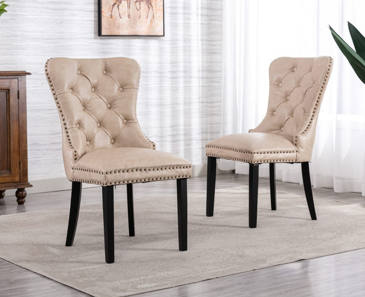 EALSON Modern Dining Chairs Set of 2 Mid Century Leather Dining Room Chairs with Wood Legs Tufted Upholstered Kitchen Side Chairs with Nail Head Trim for Dining Room/Living Room, Beige with Ring