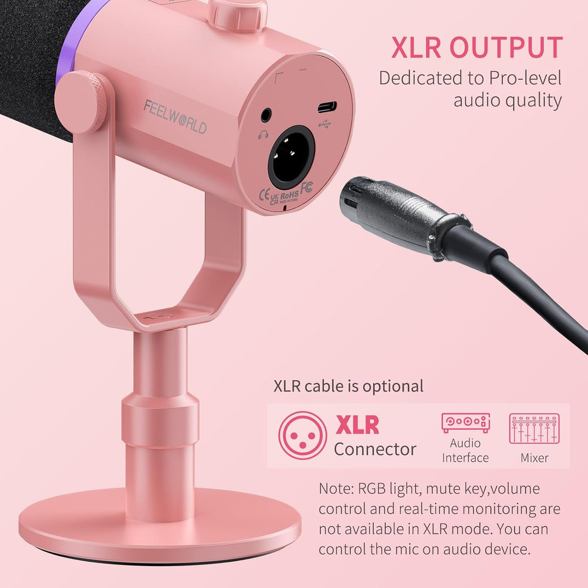 FEELWORLD PM1 Pink XLR USB Metal Podcast Dynamic Microphone with Desktop
