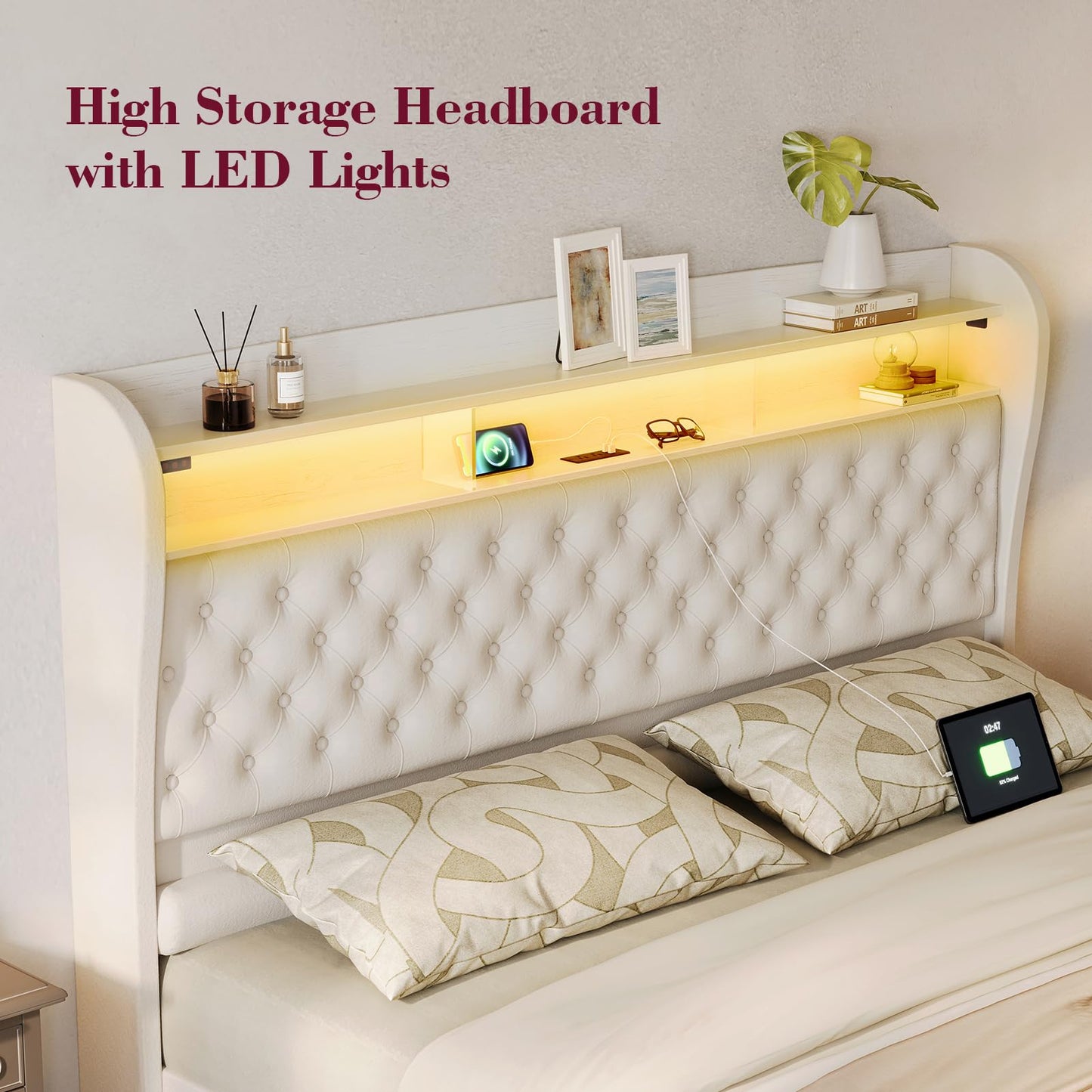 ROCHECASA Queen Bed Frame with Bookcase Storage and Charging Station, 50.6" Tall Velvet Upholstered Sleigh Bed with LED Light, No Box Spring Needed, Easy Assemble, Cream