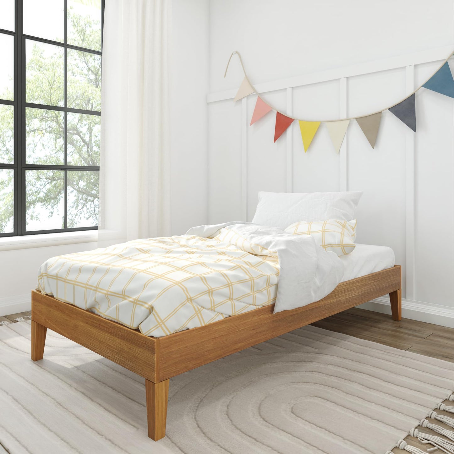 Max & Lily Fundamental Twin Platform Bed Frame, Kids Modern Solid Wood Bed, Strong Wooden Slats, Non-Toxic Finishes, Matte Pecan