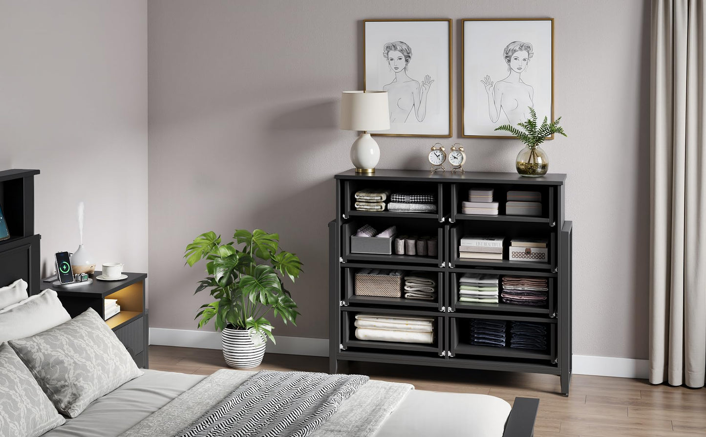 LGHM Fluted Black Dresser for Bedroom, Modern 50" Wide Chest of Drawers, 8 Deep Drawers 42.8" Tall Dresser with Raised H Legs -Curved Profile Design, Easy Round Handles for Bedroom,Livingroom, Black
