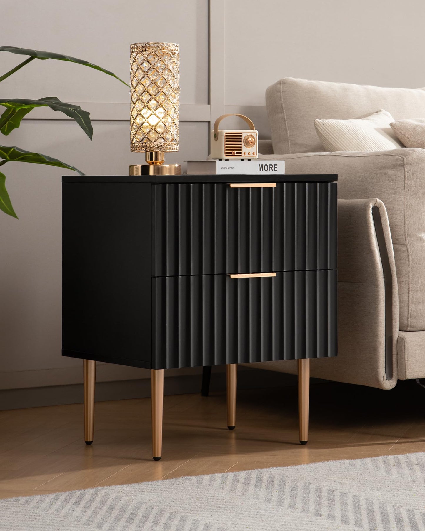 SICOTAS Black Night Stand Set 2, Wide Fluted Nightstand with 2 Drawers, Modern Glossy Storage Bedside Table for Bedroom, End Side Table with Golden Metal Legs and Handles