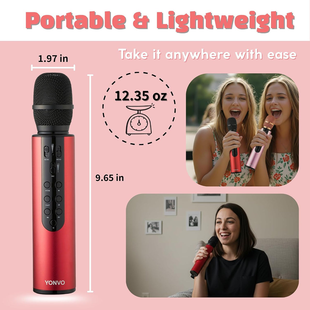 Bluetooth 5.3 Wireless Karaoke Microphone, Portable Handheld Mic with 10W Speakers, Clear Vocals & Echo, Home Party Karaoke Machine, Gift for Men (Red)
