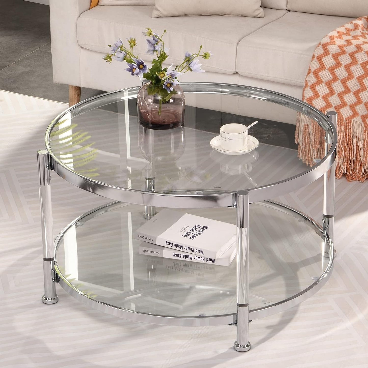 KUVADAZ Round Coffee Table with Silver Chrome Metal Base, 2-Tier Clear Glass Coffee Table Modern Living Room Center Tables, Circle Acrylic Cocktail Tables for Home Office