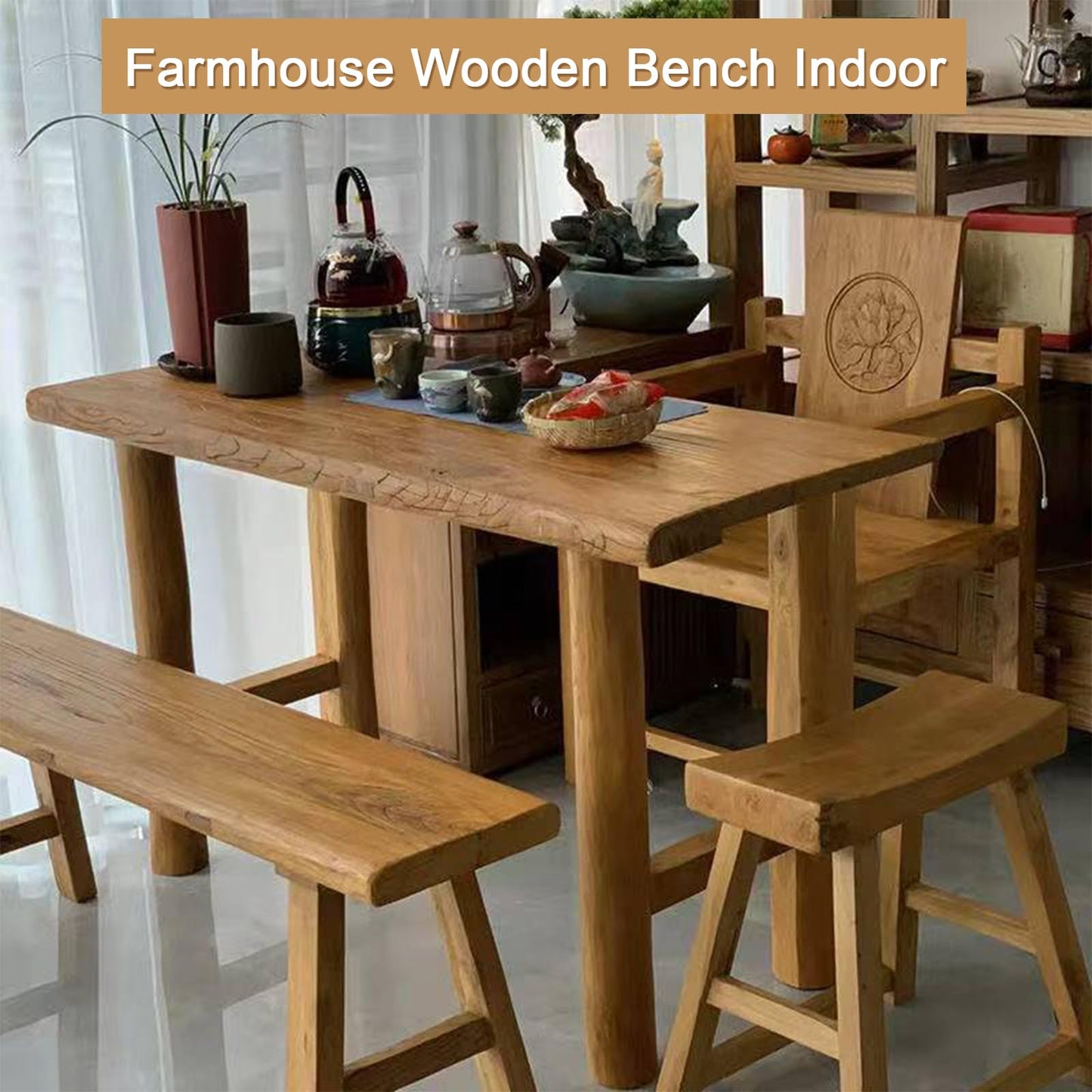 Farmhouse Wooden Bench Indoor,Natural Wood Entryway Bench Long Bench for Living Room Dining Room,Solid Wood Shoe Bench Entryway Benches with Armless Design(Wood)
