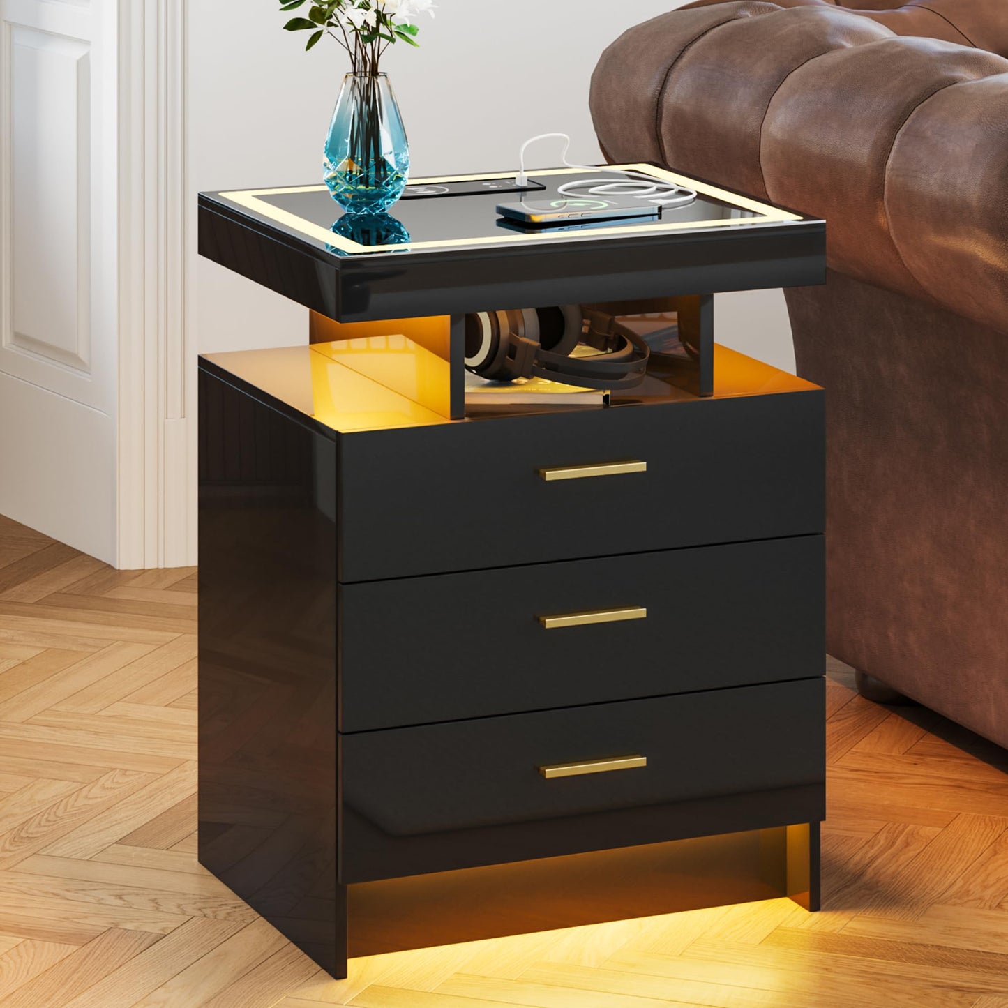 Lvifur 2 Set Nightstands with Wireless Charging Station, Auto Sensor 3 Color Dimmable LED Night Stand, Modern Bedside Table with 3 Drawers & 3 Open Compartments (2 x Black)