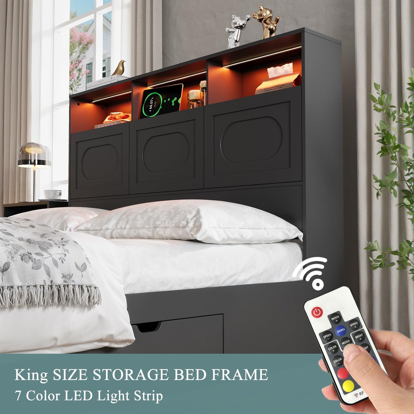 Modern Black Queen Size Bed Frame with 4 Storage Drawers, 48" Tall Storage Headboard with Charging Station, Platform Bed with LED Lights, No Box Spring Needed, Easy Assembly