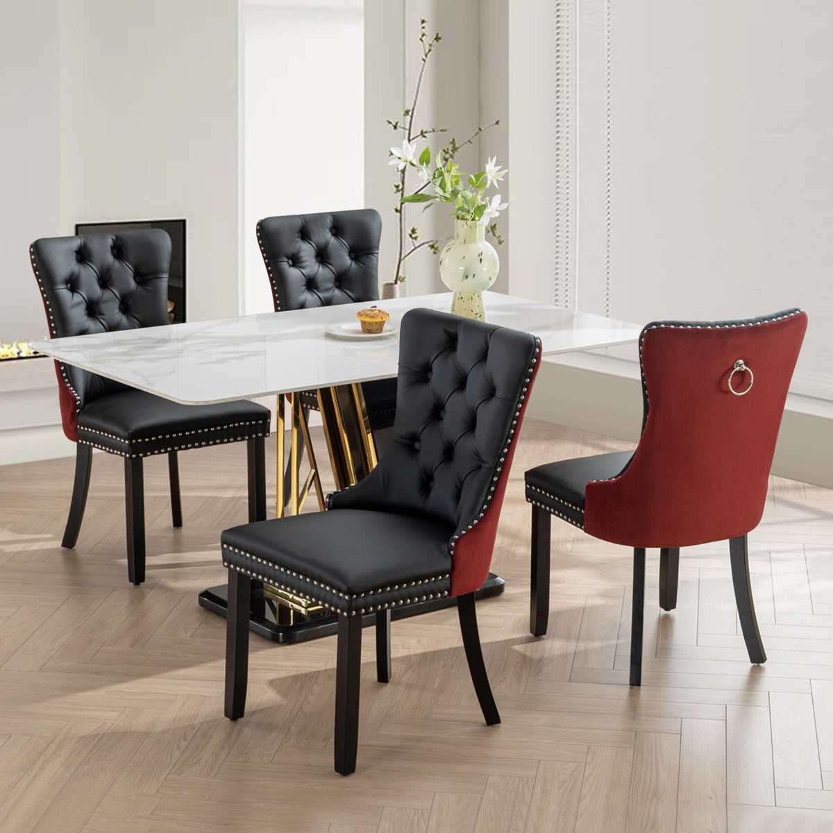 SoarFlash Leather Dining Chairs Set of 4, Tall Back Side Chair, Modern Upholstered Side Chair with Button Back Ring, Solid Wood Legs (Black&Red)