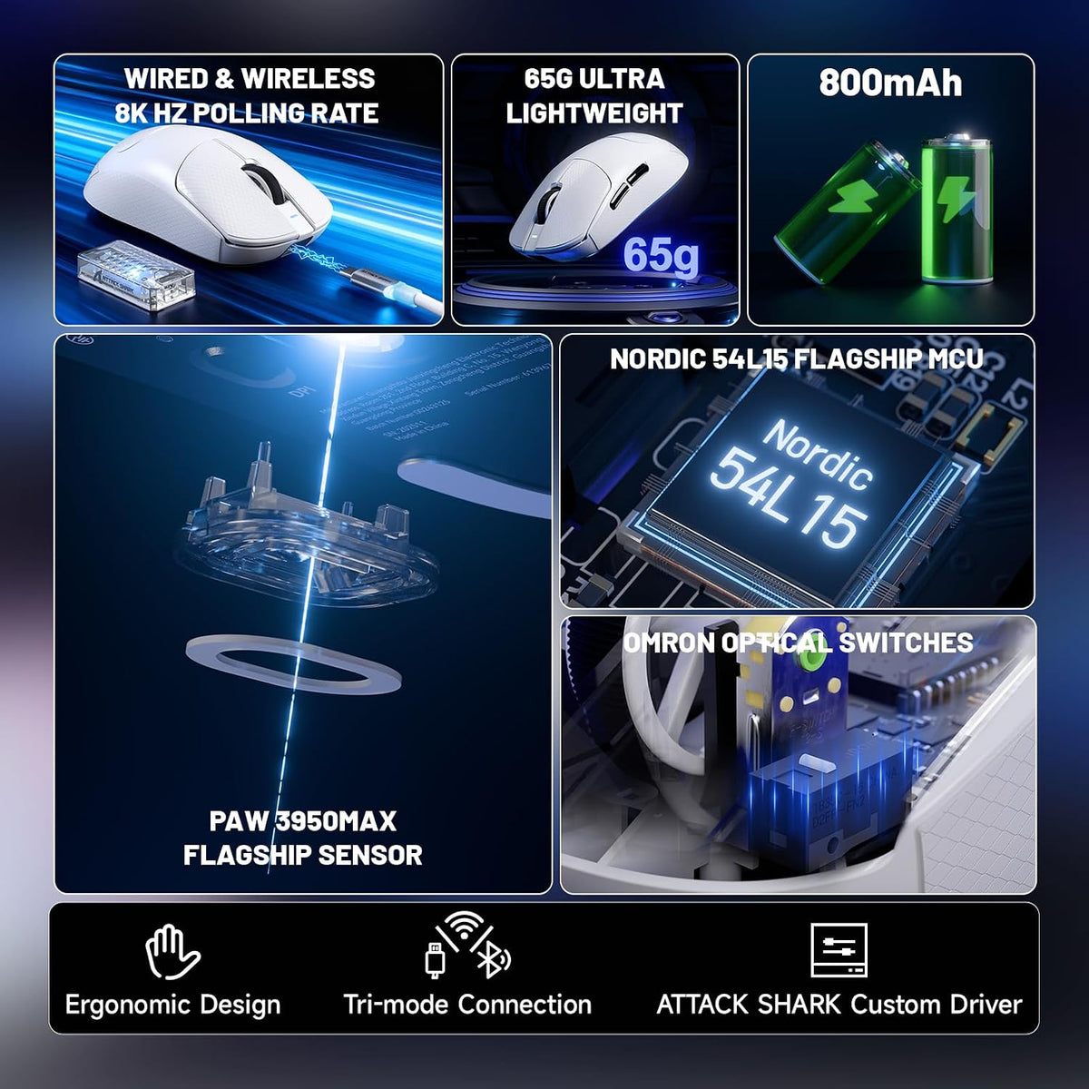 ATTACK SHARK X8 Ultimate Wireless/Wired Dual 8K Polling Gaming Mouse-White