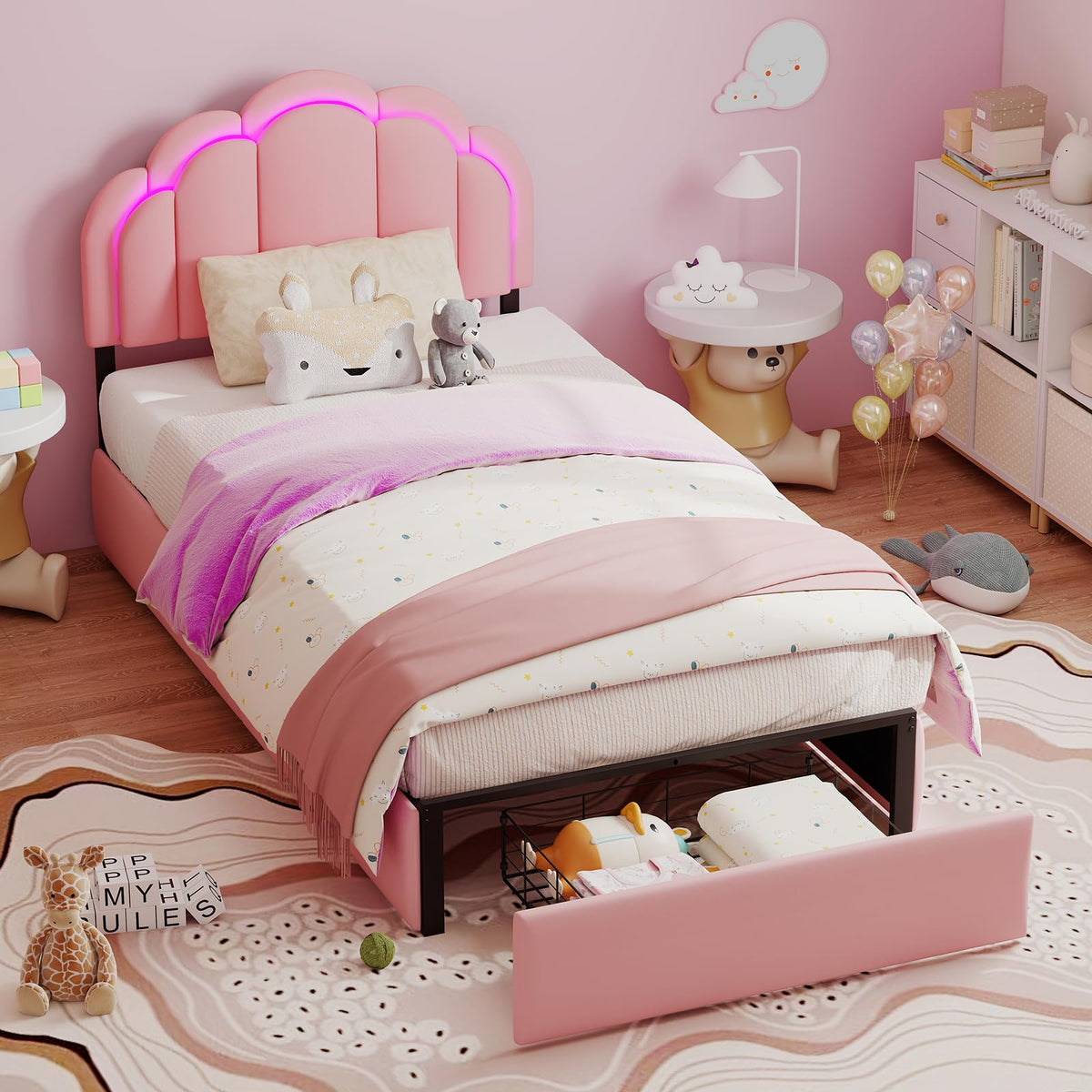 SADENICEL Twin Upholstered LED Bed Frame with Storage Drawer, Chic Double Wavy Headboard, Velvet Princess Platform Bed, Solid Wood Slats Support,No Box Spring Needed, Pink