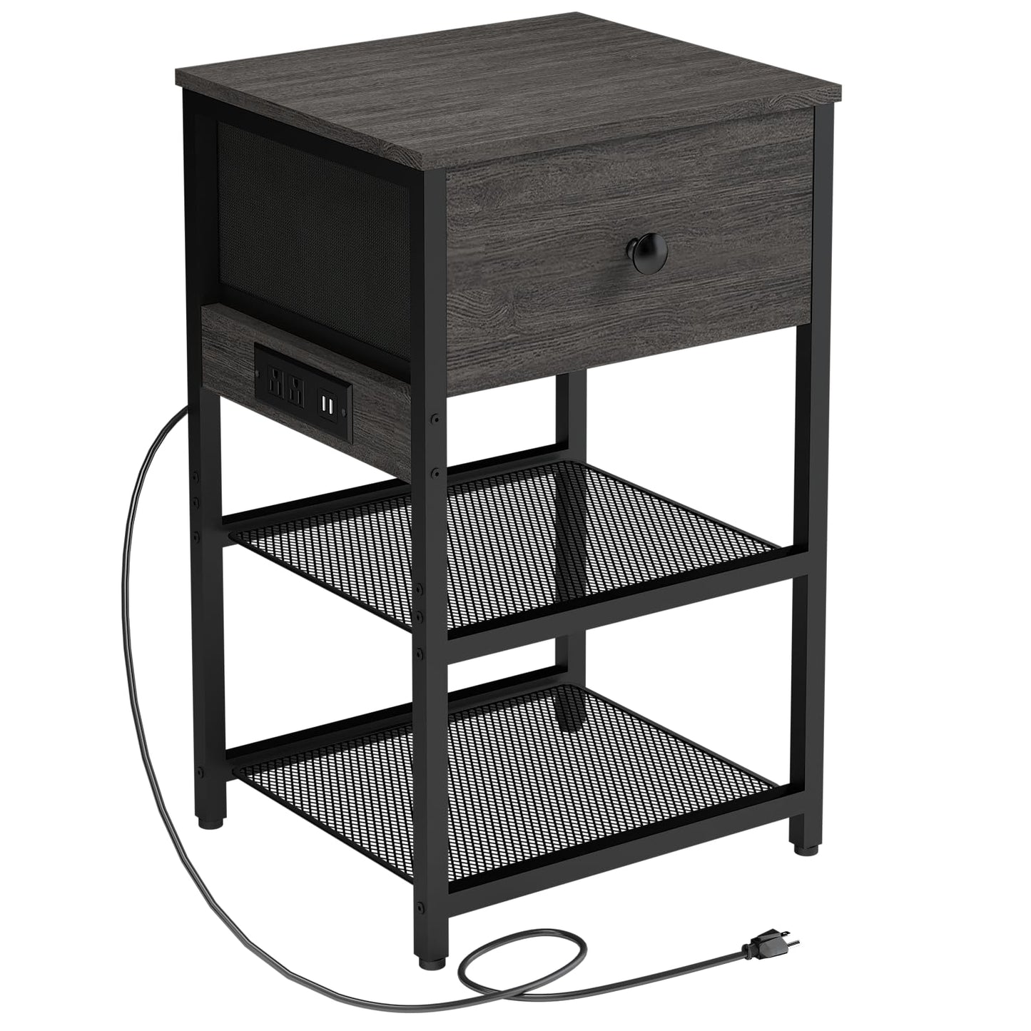 LTTDOUK Nightstands Set of 2 with Charging Station, Bedside Tables with Fabric-Wood 2-in-1 Drawer, End Table for Small Spaces, Grey Side Table with USB Ports and Outlets for Bedroom, Living Room