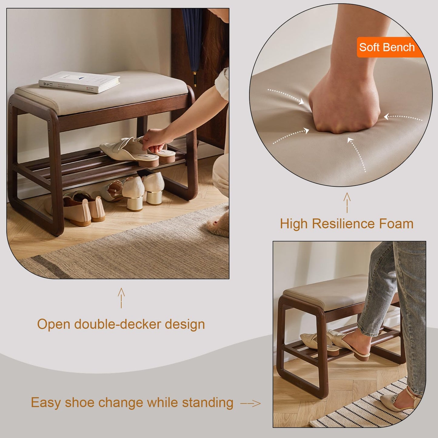Solid Wood Bench, Entryway Shoe Bench with Cushion, 2-Tier Shoe Racks Bench, Modern Shoe Rack with Flip Top Storage Space, Shoe Organizer for Entryway, Living Room, Hallway, Bedroom