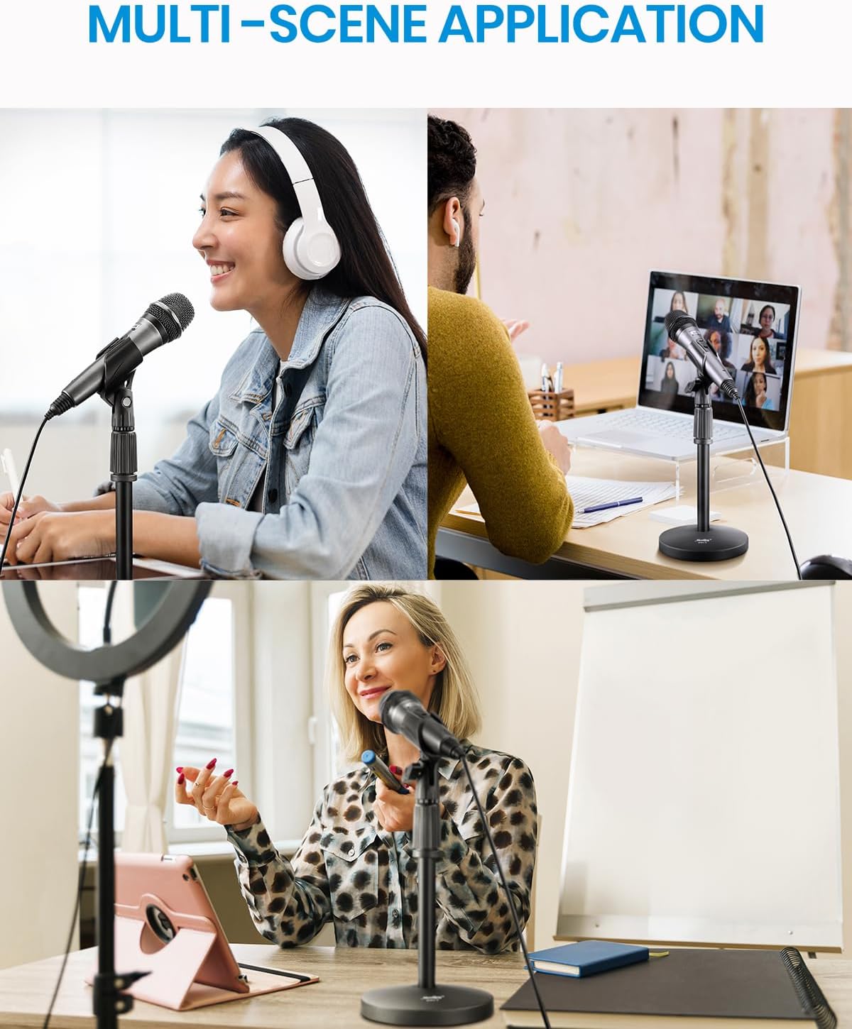 Desktop Microphone Stand, Moukey Upgraded Adjustable Table Mic Stand with Non-Slip Metal Base for Blue Yeti Snowball Spark, Other Microphone, height adjustment 9.84” to 14.17”-MMs-2