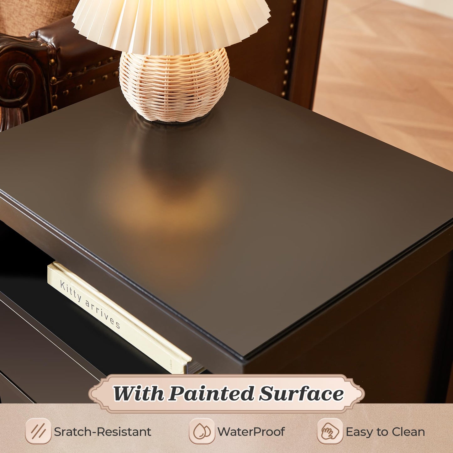 Huuger Black Nightstand with 2 Drawers, Bed Side Table for Bedroom, Modern Night Stand, Bedside Table with Storage, Metal Knobs, Painted Surface