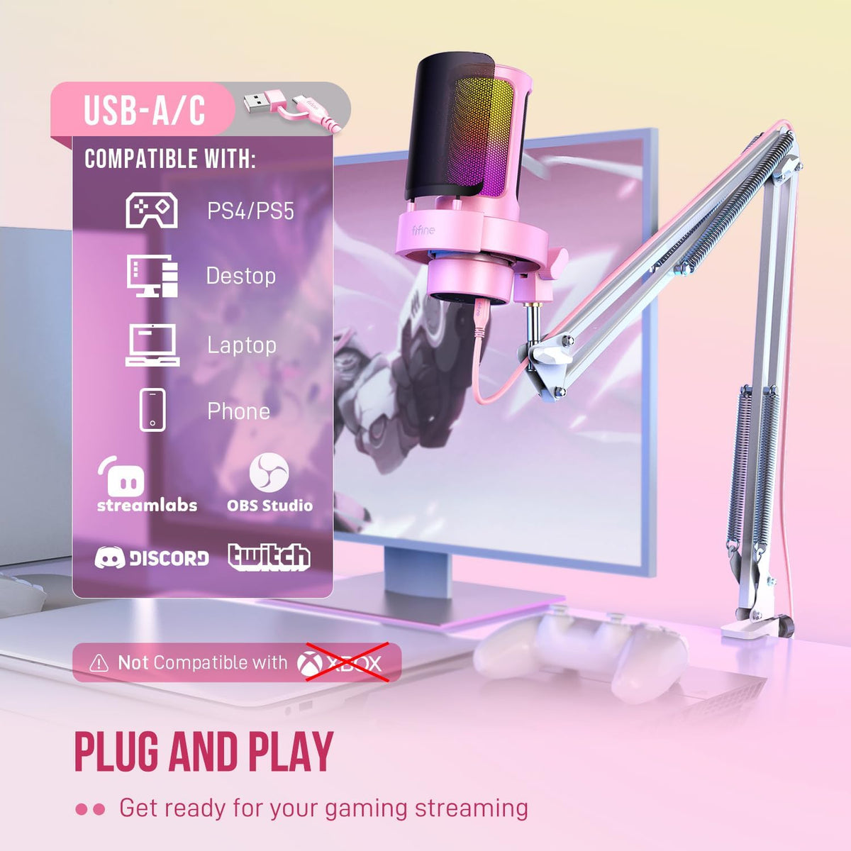 FIFINE A8T Pink USB Condenser Gaming Microphone, RGB Boom Arm Mic for PC