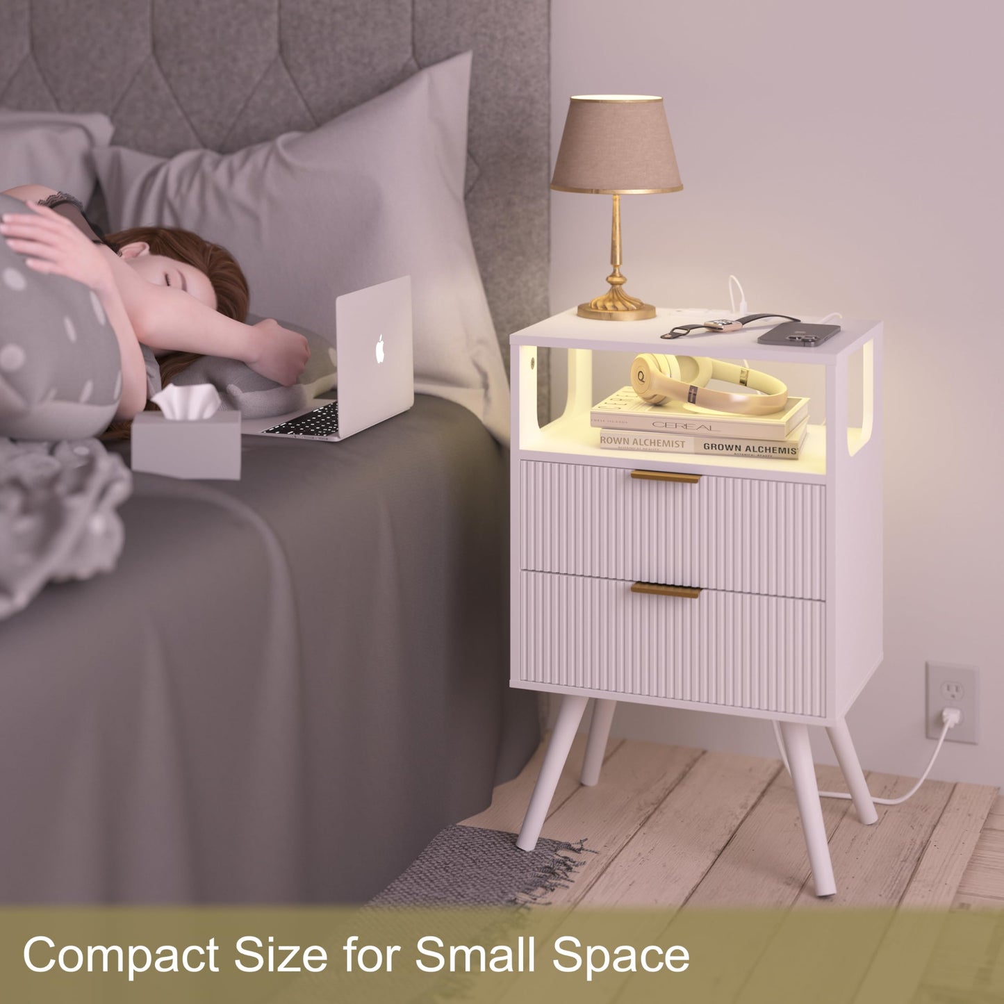 JOONEE White Nightstand with Charging Station and LED Lights,Modern Bedside Table with 2 Storage Drawer and Open Wood Shelf, for Bedroom and Small Spaces,Night Stand with Solid Wood Legs,White