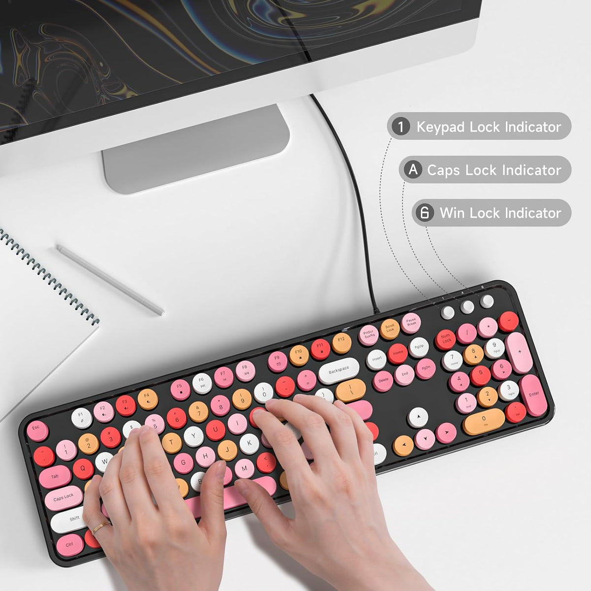 Dilter Wired Keyboard, 104 Keys Full-Sized Typewriter Keyboards, USB Plug and Play Office Keyboard with Number Pad, Caps Indicators for Windows 7 8 10, PC, Laptop, Desktop (Black Colorful)