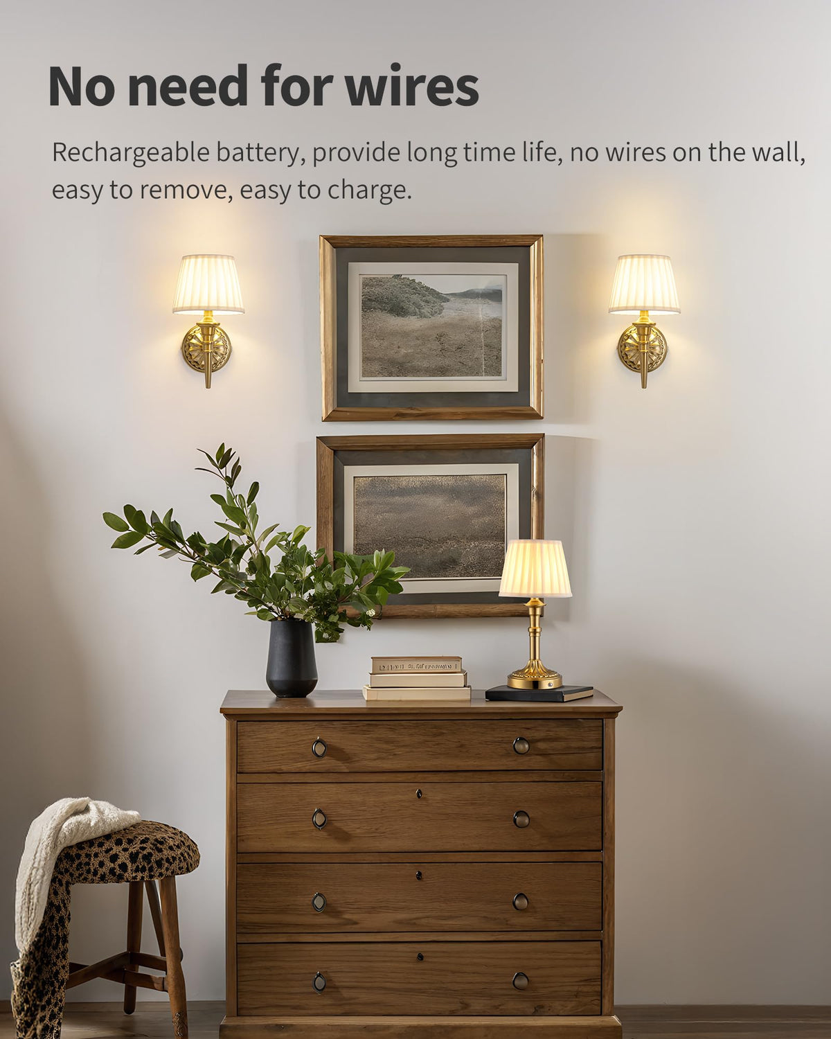 KDG Cordless Wall Sconces Set of 2, Small Wireless 5200mAh Rechargeable Battery Fabric LED Wall Lamps, Portables Lightings for Wall Painting, Living Room, Bedroom, Hallway, Gifts, Night Light (Gold)