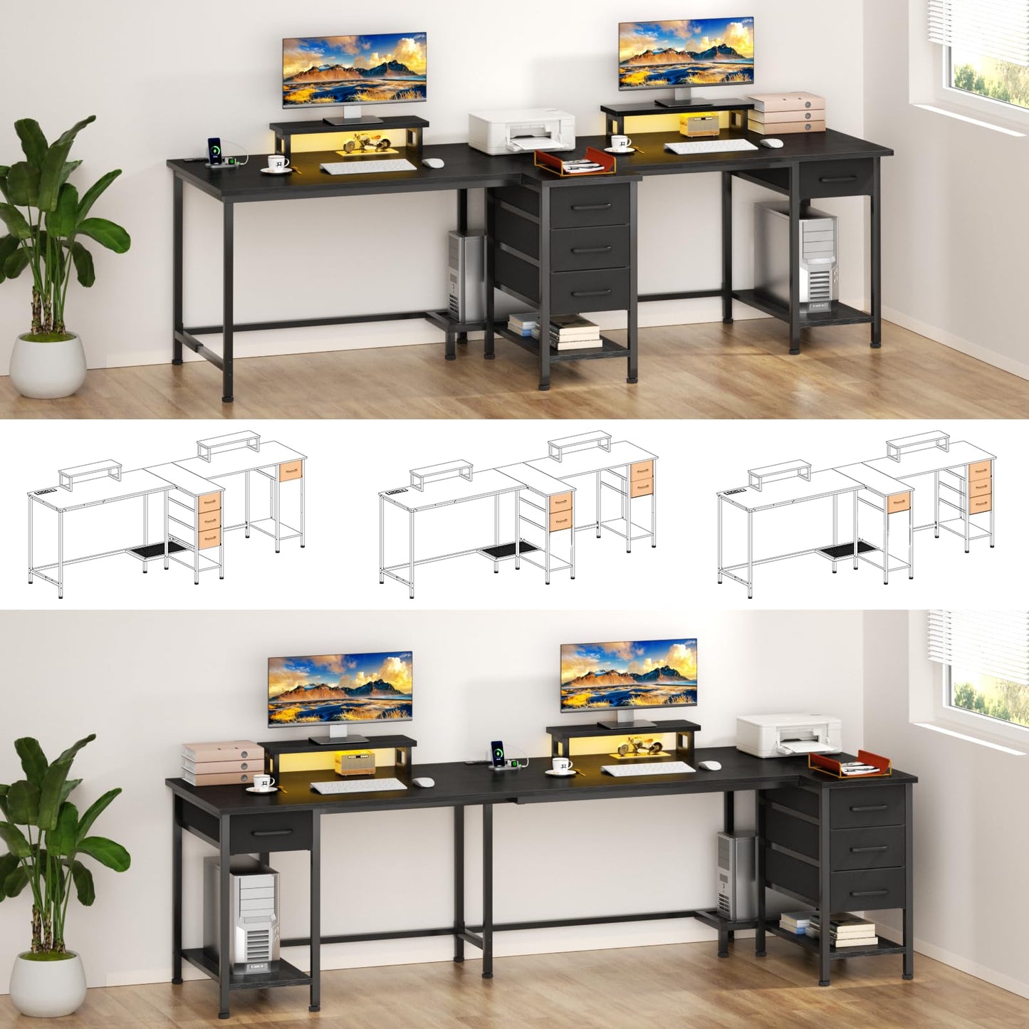 Korfile 93" Two Person Office Desk, Long Computer Gaming Desk with Power Outlets & LED Lights, Large Home Office Desk with 4 Storage Drawers & 2 Monitor Stand for Work Writing Study
