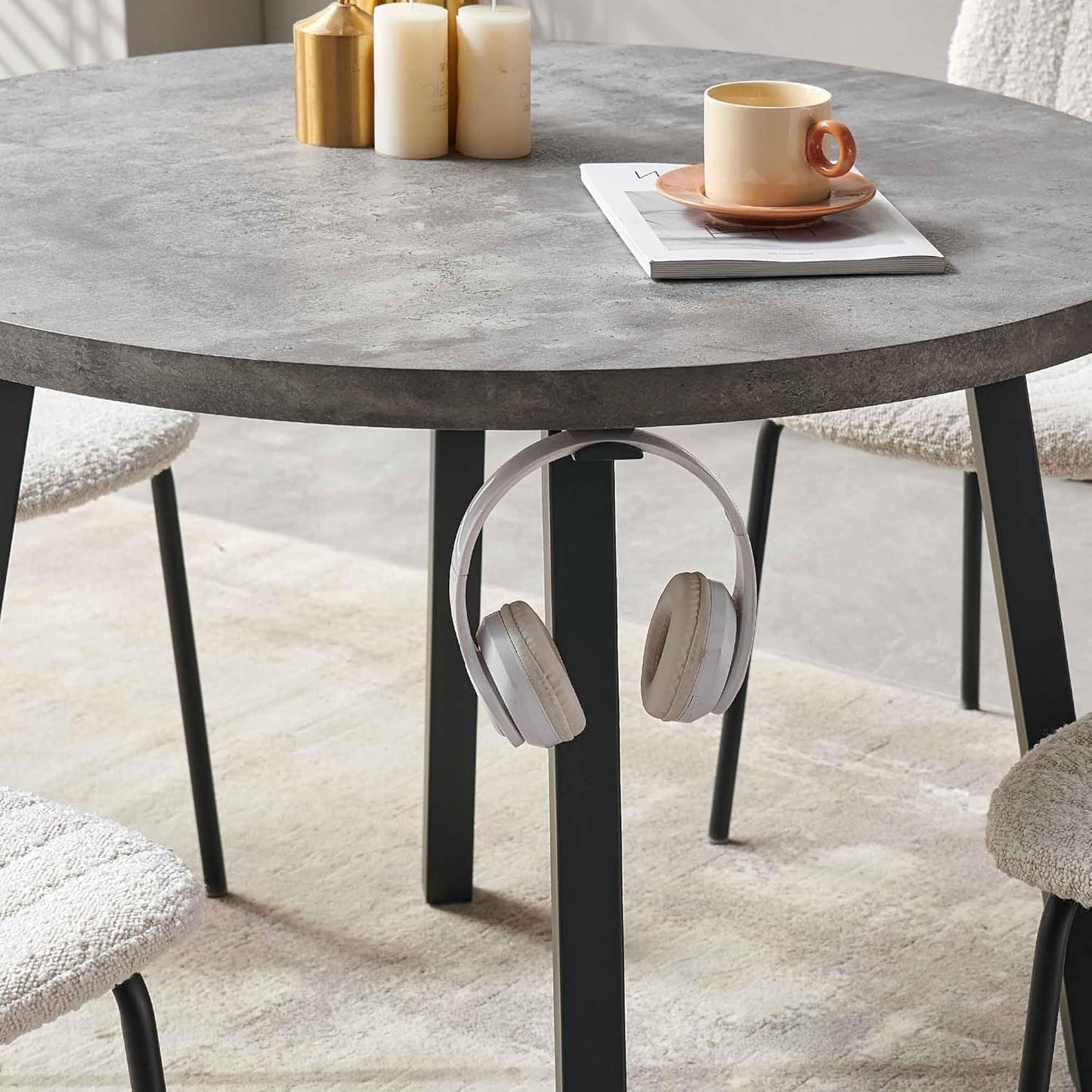 Pandolfini Round Dining Table Set for 4, Modern 37 Inch Dining Table and Chairs, Grey Engineered Wood Kitchen Table with PU Leather Dining Chairs for Dining Room, Living Room, Brown