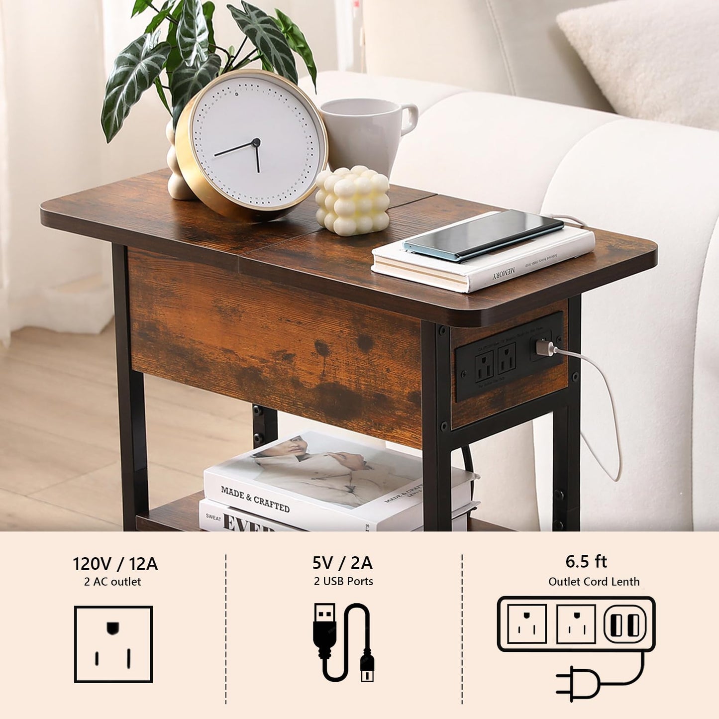Modern End Table with Charging Station, Narrow Side Table with USB Ports & Outlets, Flip-Top Nightstand with Storage Shelf, Small Bedside Table for Living Room, Bedroom, Small Space,Rustic Brown