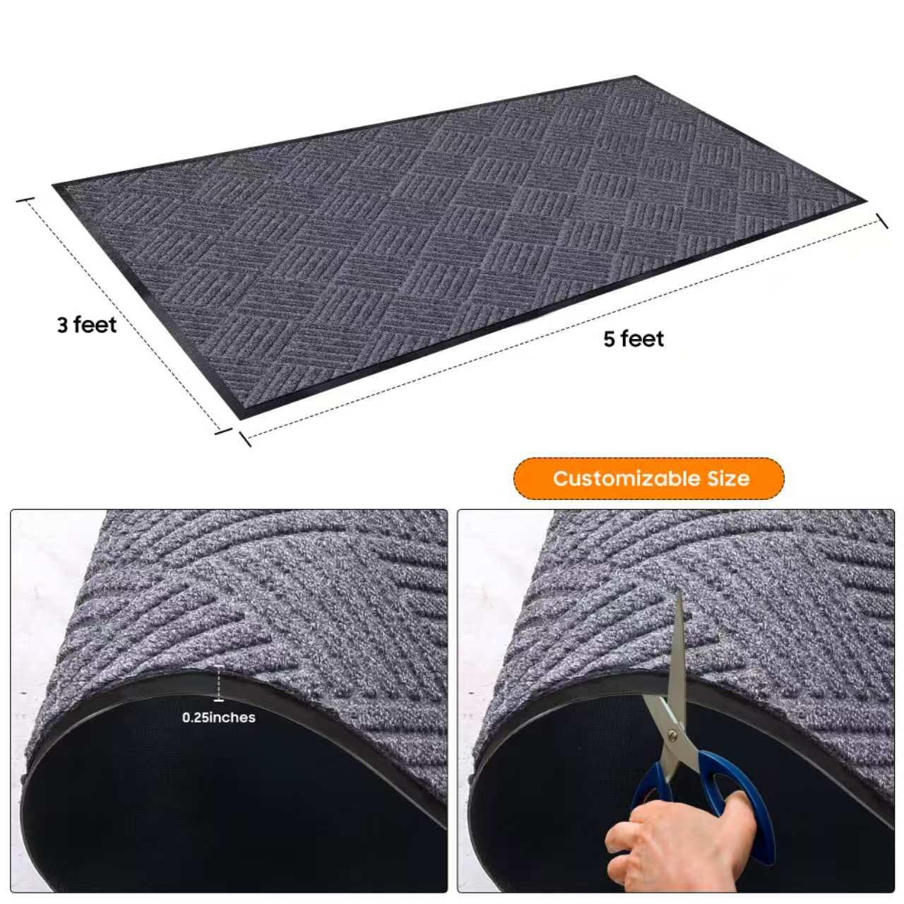 Commercial-Grade Entrance Mat Heavy Duty Dirt Trapper Doormat with Rubber Border Low Profile Commercial Entryway Rugs for Entryway Indoor Outdoor,(Grey-3' x 5')